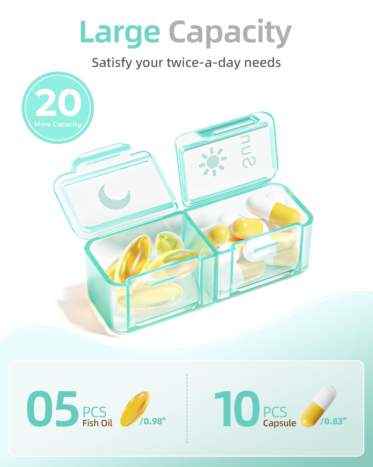 AM PM Pill Organizer 2 Times A Day, 7 Day Pill Box Weekly Pill Organizer Travel with Separate Container, Portable Daily Medicine Planner Dispenser Case for Vitamin, Fish Oils, Supplements（Green）