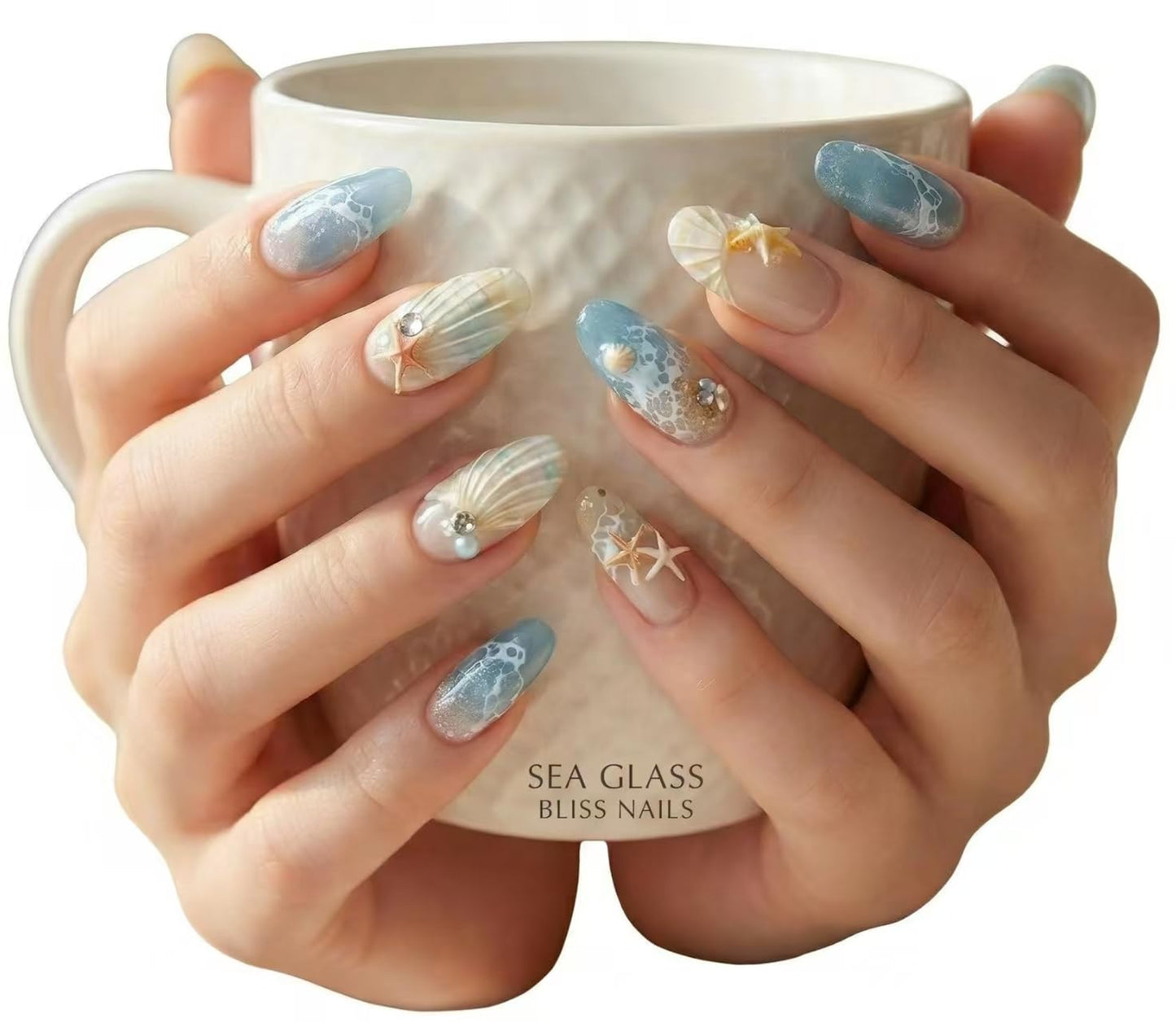 Thrivingbyday 30pcs Reusable Fake Nails,Ocean Theme Press on Nails, Starfish & Seashell 3D Design, Blue Marble & Sandy Texture, Full Cover False Nails with Glue and Adhesive Tabs, Easy to Apply