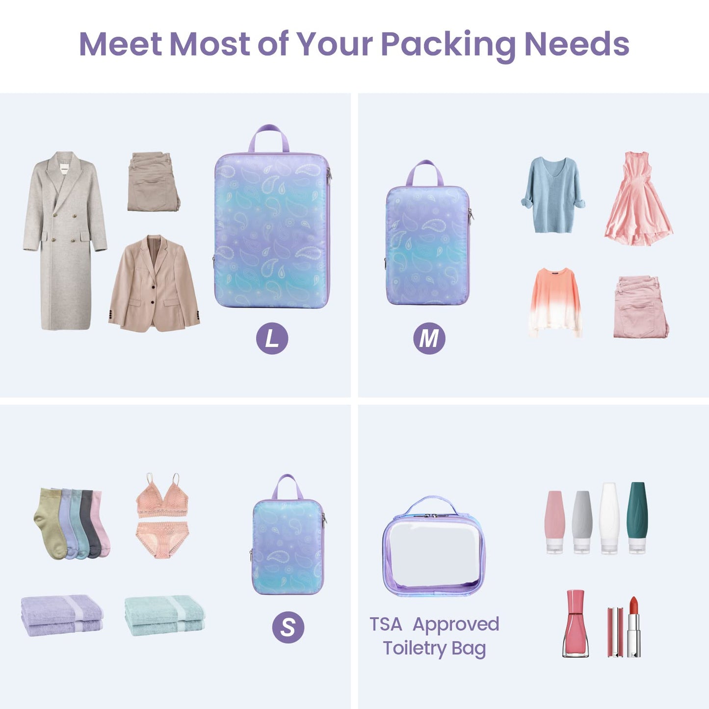 Cambond Compression Packing Cubes Travel - 5 Set Packing Cubes for Suitcases, Lightweight Expandable Luggage Organizers Space Saver Compression Cubes with Makeup Bag, White Blue Purple Gradient