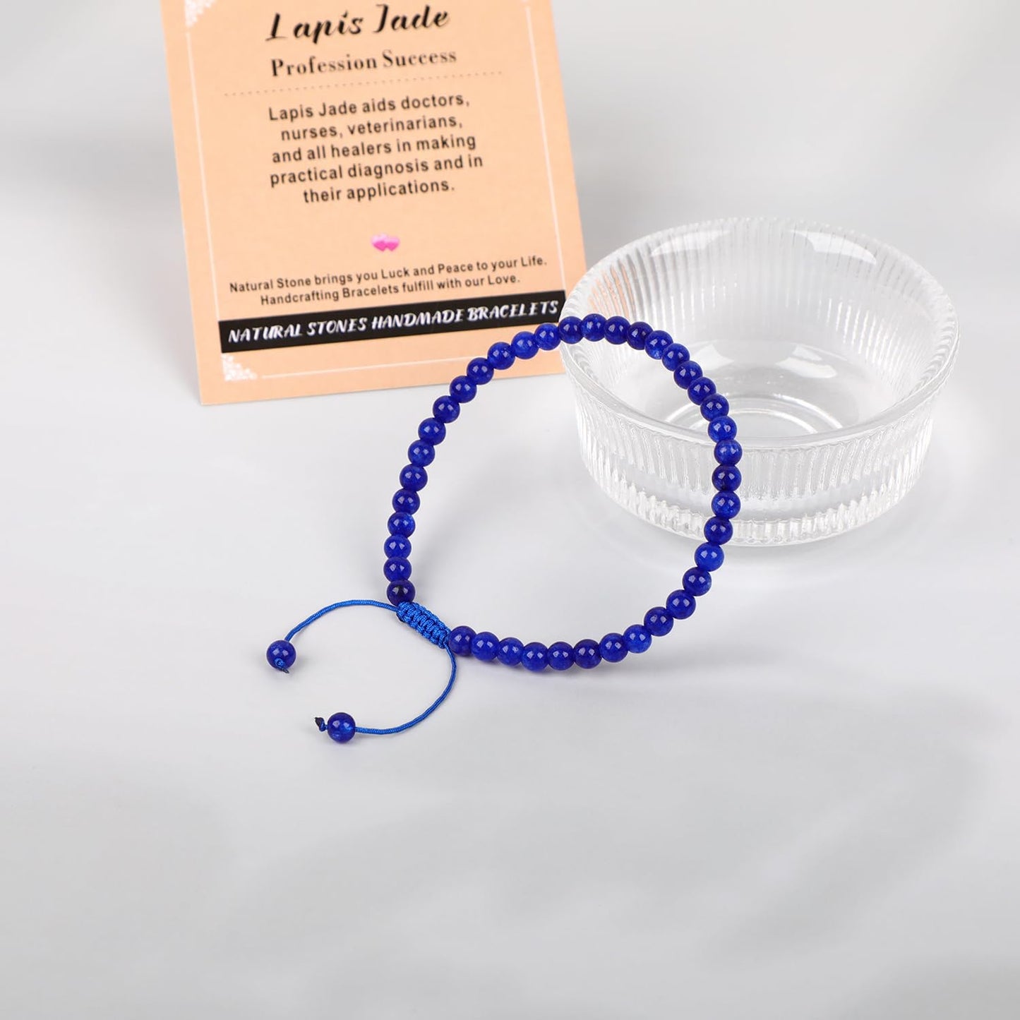 AD Beads 4mm Blue Lapis Jade - Profession Success - Handmade Natural Stone Crystal Bracelet with Adjustable Macrame String - Yoga Healing Power Energy Gifts for Men and Women