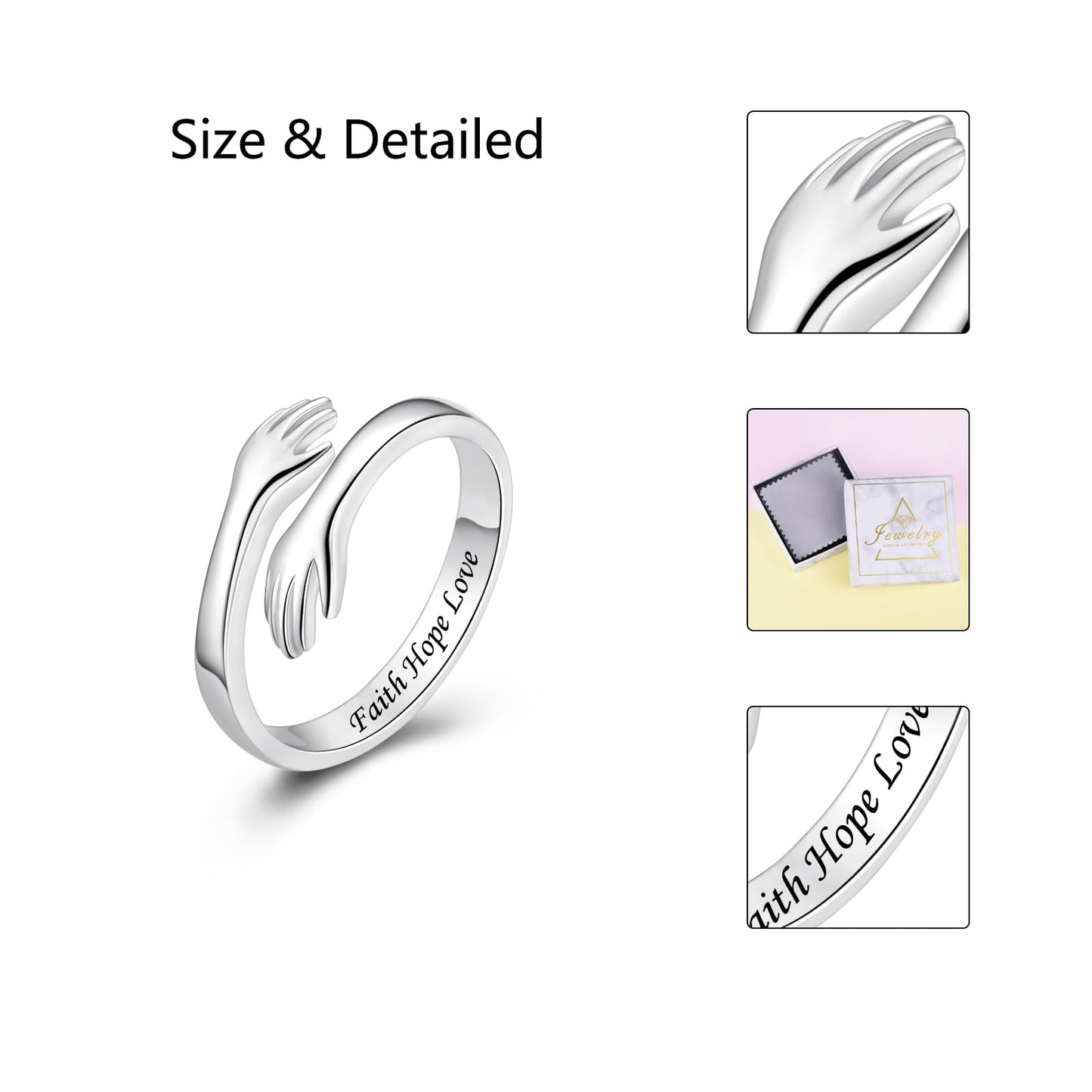 ACJFA S925 Sterling Silver Hug Ring for Women Adjustable Thumb Ring Birthday Gifts (Faith Hope Love)
