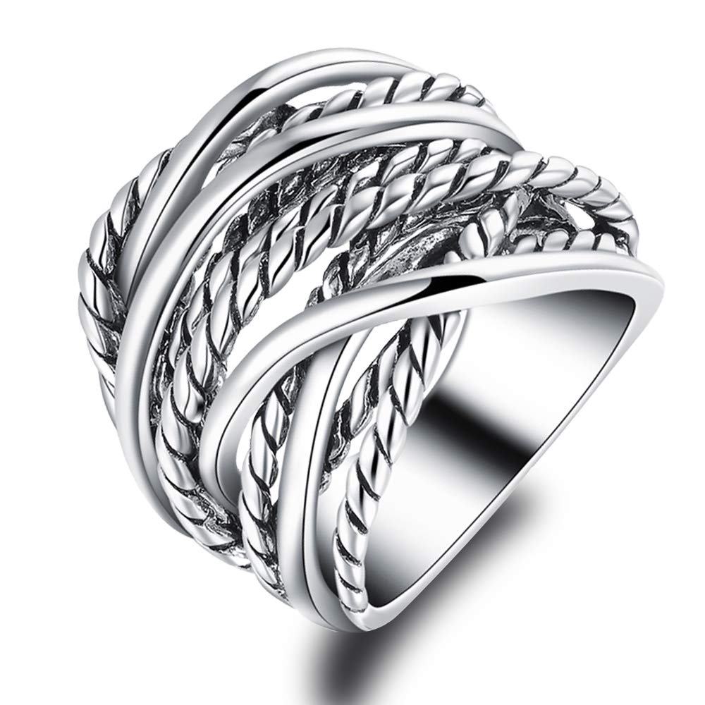 Mytys Gold and Silver Statement Rings for Women Wire Intertwined Design 14K Gold Plated Silver Band Ring Wide Index Finger Rings Costume Jewelry (Silver, 8)