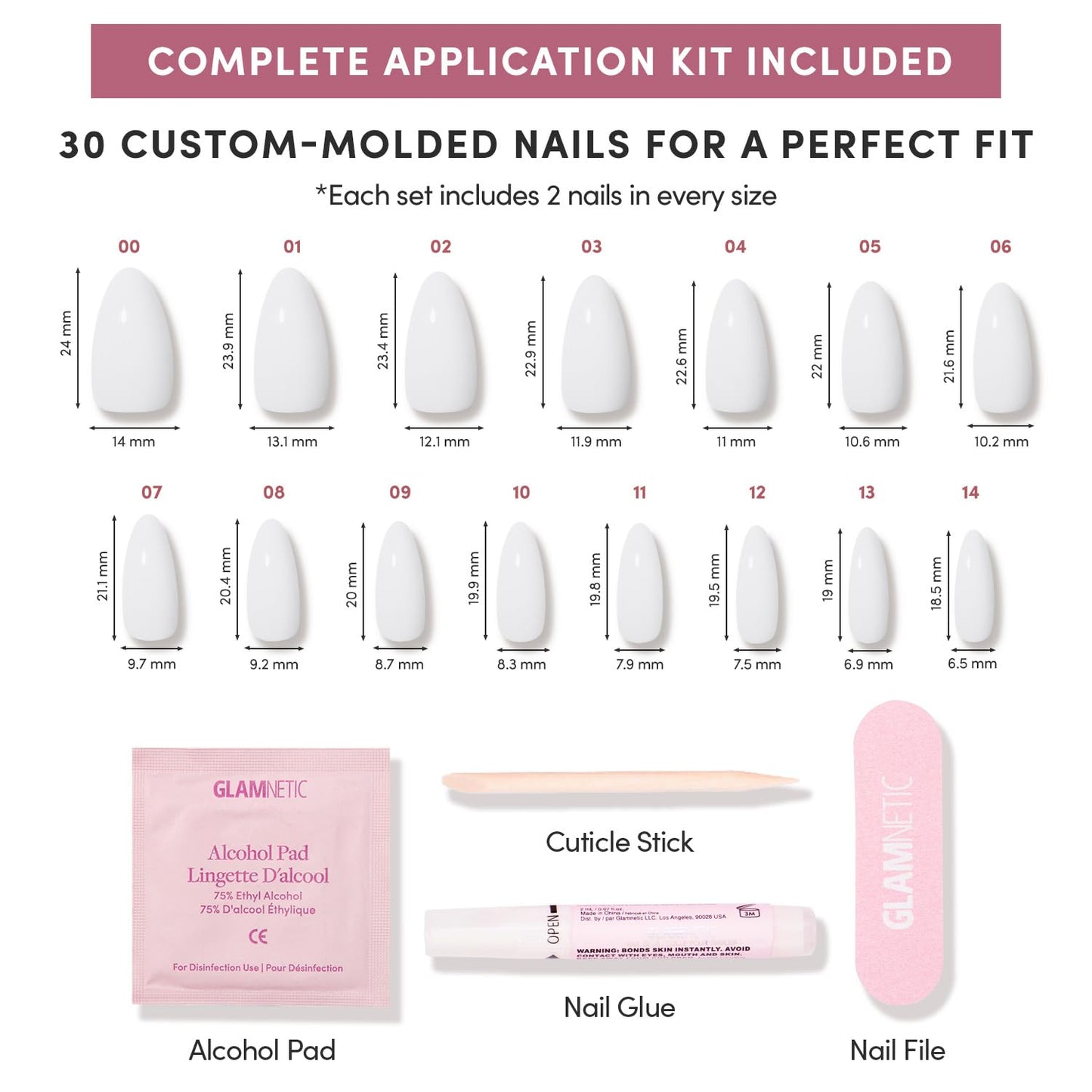 Glamnetic Press On Nails - Medium Almond Fake Nails, Milky White Nails, Clouded | 15 Sizes - 30 Nail Kit with Glue