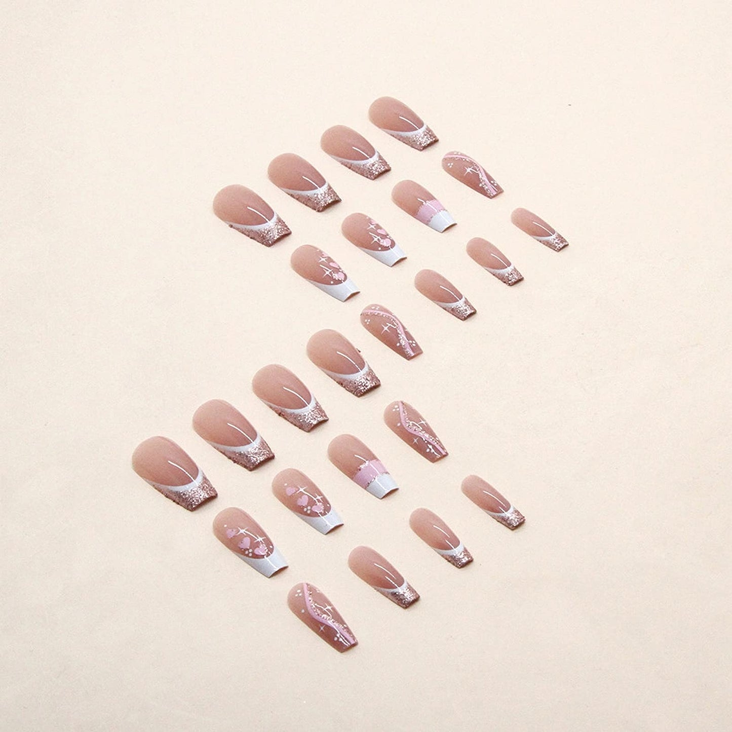 MISUD Press on Nails - Long Coffin Glue on Nails with Pink, Acrylic Bling Glitter Design 24 pcs