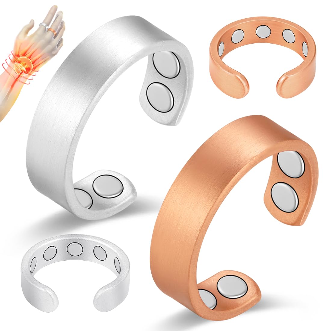 Vicmag 2PCS Magnetic Copper Rings for Women & Men,99.99% Pure Copper Ring with 9X Magnets Gift Adjustable(9X Copper & Silver)