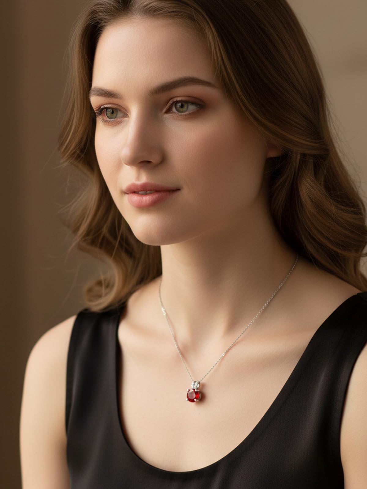 CYW 1 Carat Red Ruby Small Round Necklace for Women 925 Sterling Silver Solitaire Pendant Necklace