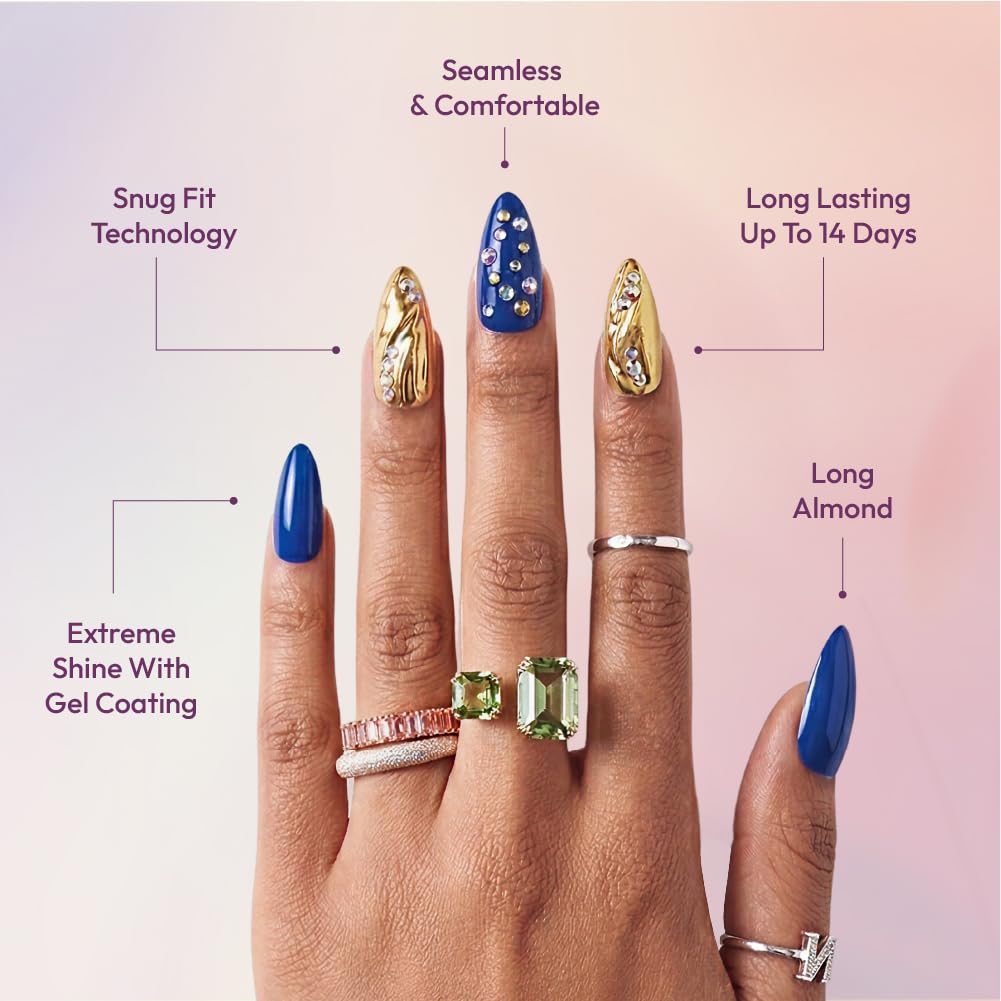 Glitzy 3D Handmade Press On Nail Kit, Rhinestone Gem Blue Gold Chrome Long Almond False Nail, Reusable & Lasts Up To 2 Weeks, Seamless Snug Fit Technology, Includes Glue, File & 28Pcs Manicure Set