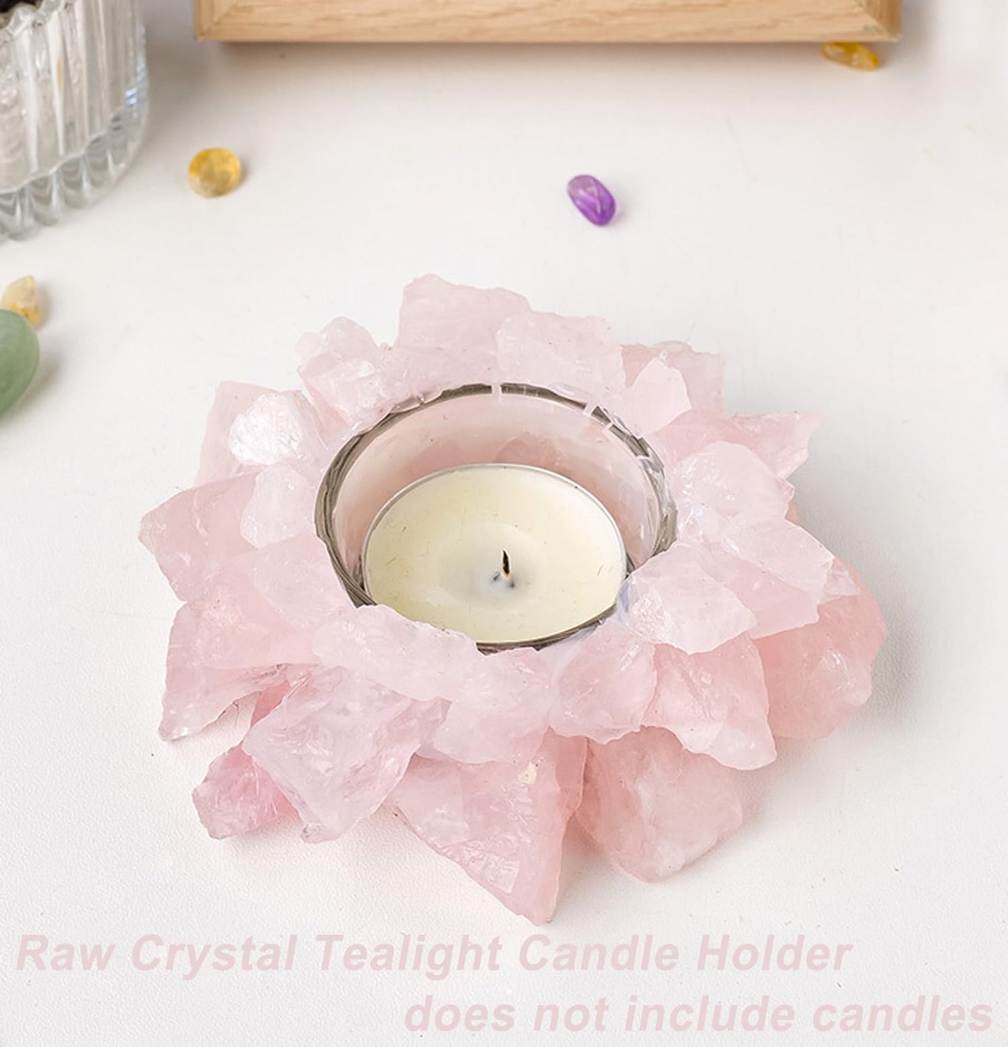 Natural Rose Quartz Crystals, Raw Crystal Tealight Candle Holder Crystal Stone Candle Stand High Energy Geode Votive with Healing Effects (Not Included Candle)