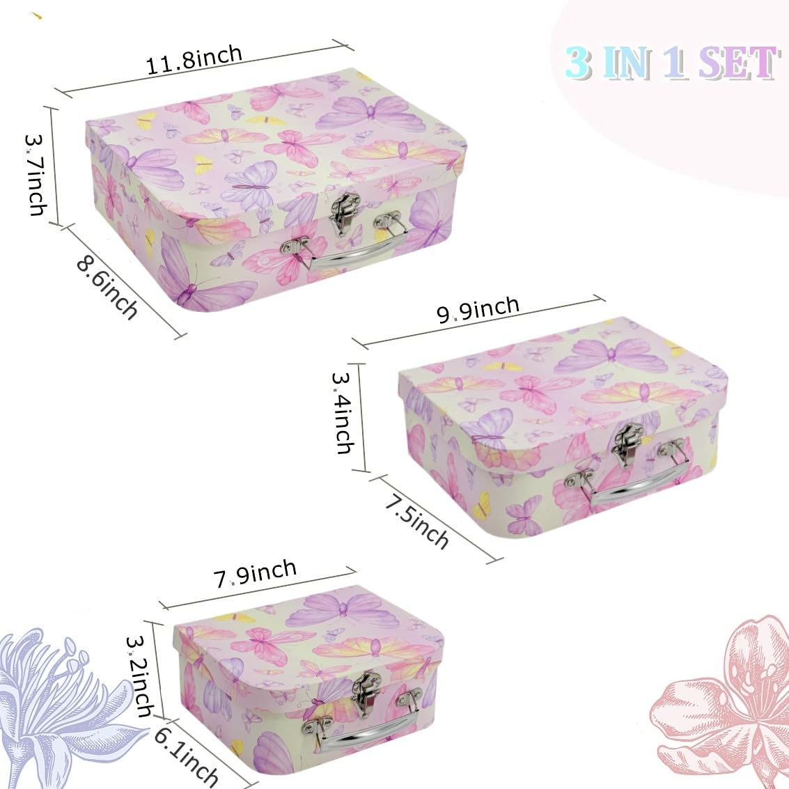 Amedoo Paperboard Suitcases Set of 3 Decorative Storage Boxes with Lids, Mini Suitcases, Cute Boxes (Butterfly)
