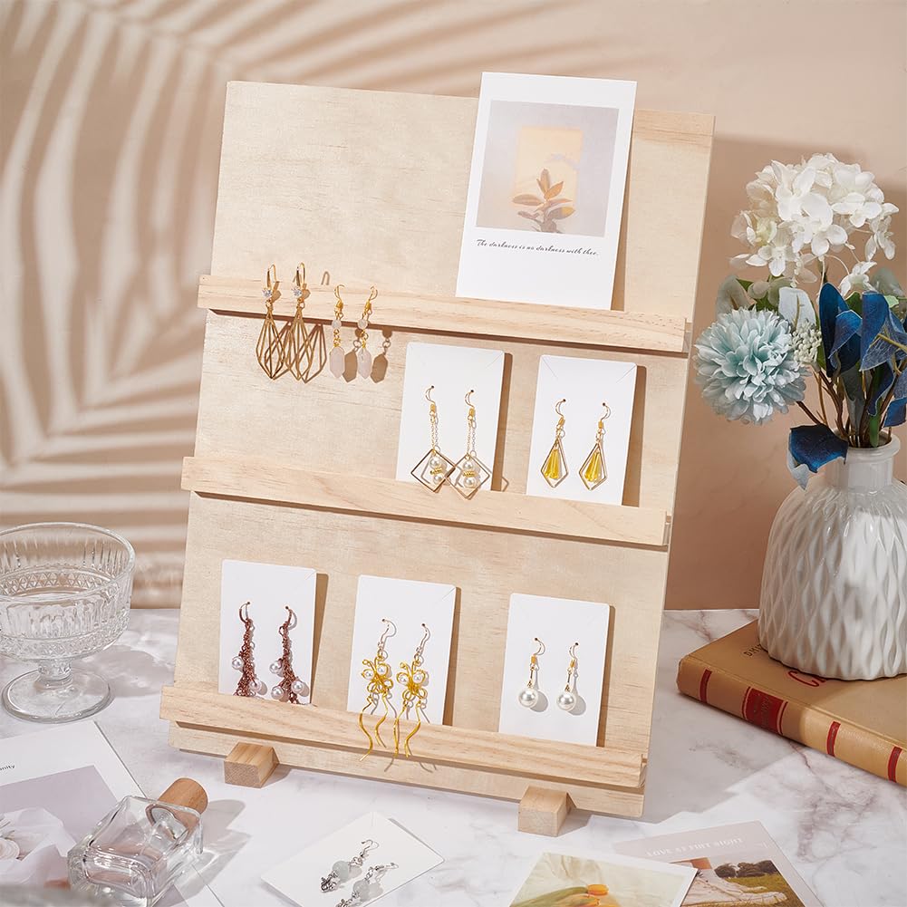 PH PandaHall 3 Tier Wood Earring Card Holder, Retail Jewelry Display Rack Photos Card Display Stand Rack Rustic Earring Display Stand for Displaying Earring Bookmarks Stickers Jewelry Exhibition