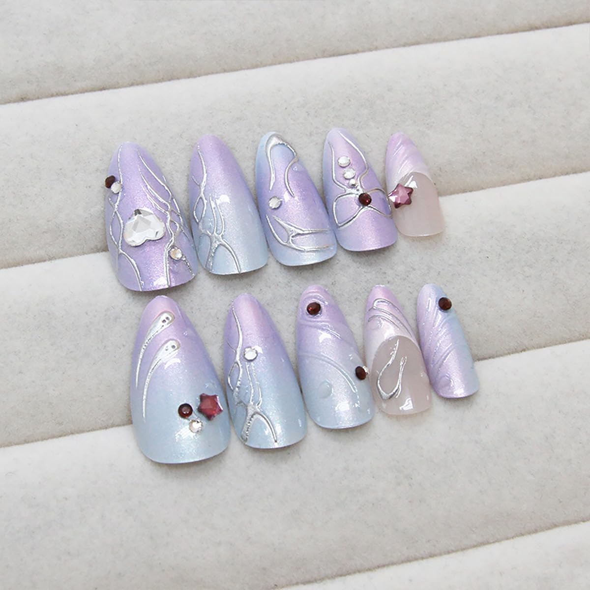 24Pcs Purple French Tip Press on Nails Medium Almond Fake Nails with Black 3D Star Colorful Ripple Design Handmade False Nails Full Cover Artificial Glue on Nails Cute Stick on Nails for Women DIY