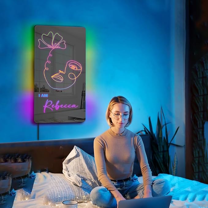 Custom One Line Art Personalized LED Name Mirror Lights for Bedroom, Living Room