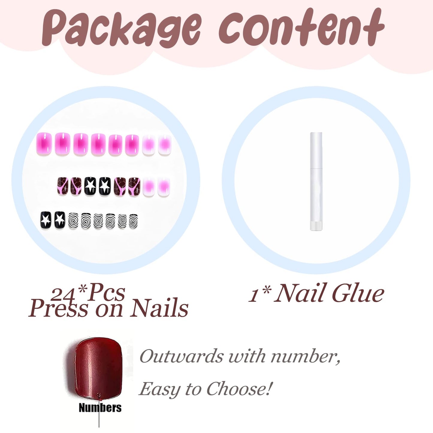 BABALAL Y2K Press On Nails, Short Square Fake Nails, Pink Ombre with Star Print, Black Brown Acrylic Stick On Nails for Women 24Pcs