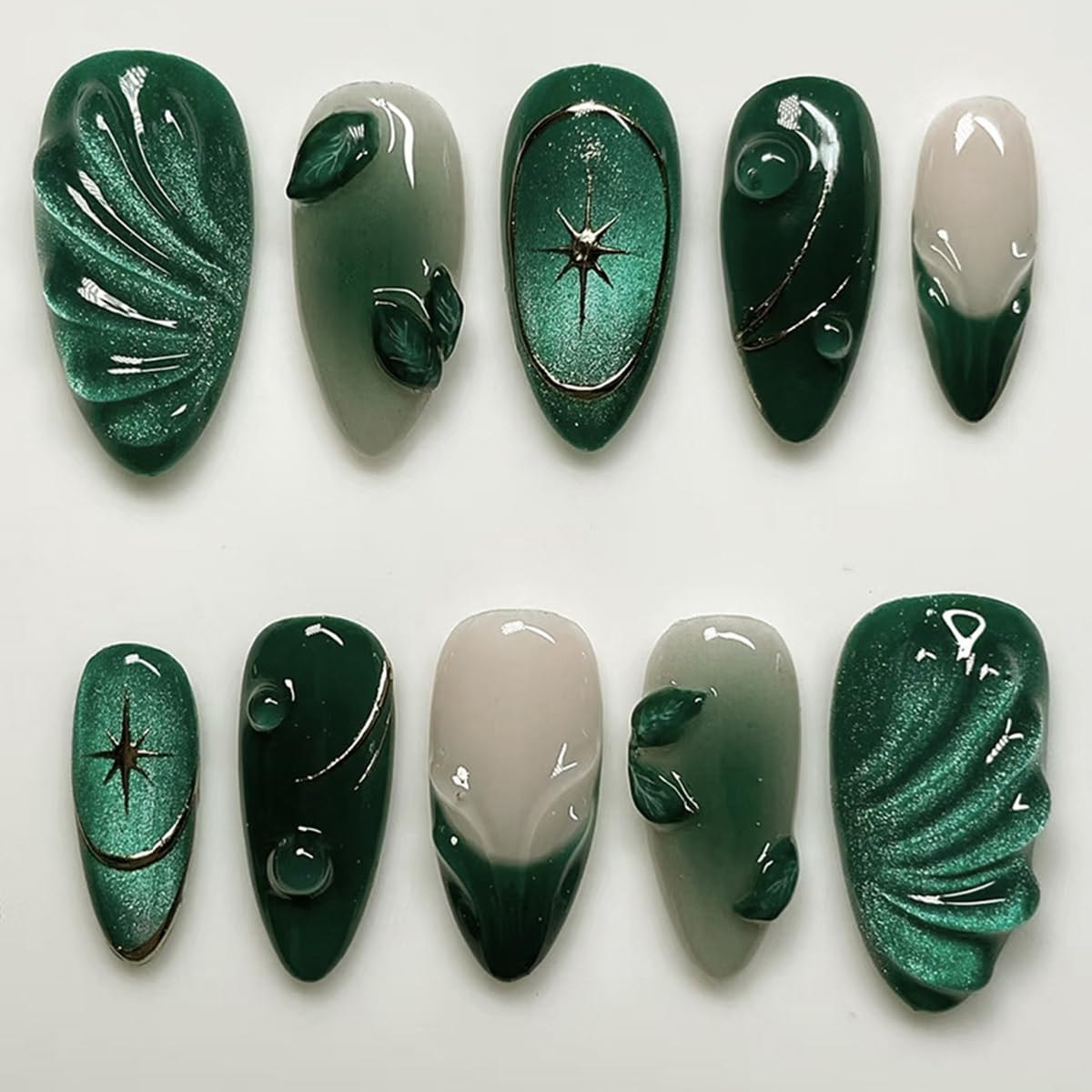 24 Pcs Glitter Green Press on Nails Short Almond,MINGCHUN Summer French Fake Nails Press ons Acrylic Nail Art Tips Kit Full Cover False Nails Glue on Nails with 3D Texture Cat's Eye Design for Women