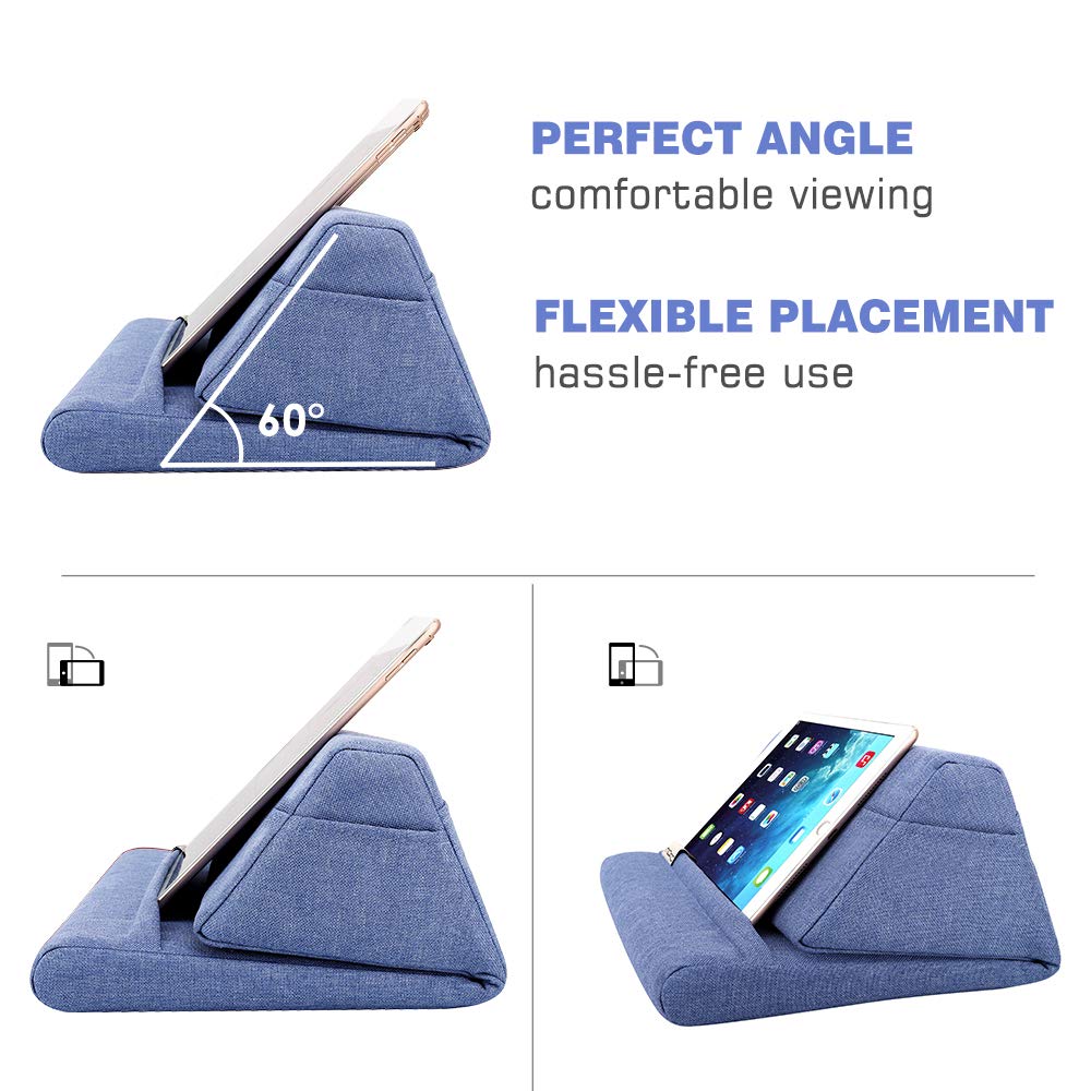 Moko Tablet Pillow Stand, Soft Bed Pillow Holder Xmas Gift for up to 11" Pad, Fits iPad 10.2"(9th Gen), New iPad mini 6 8.3" Air 4/3, iPad Pro 11/10.5/9.7, Mini 5 4, Galaxy Tab S6/S7 11", Denim Blue