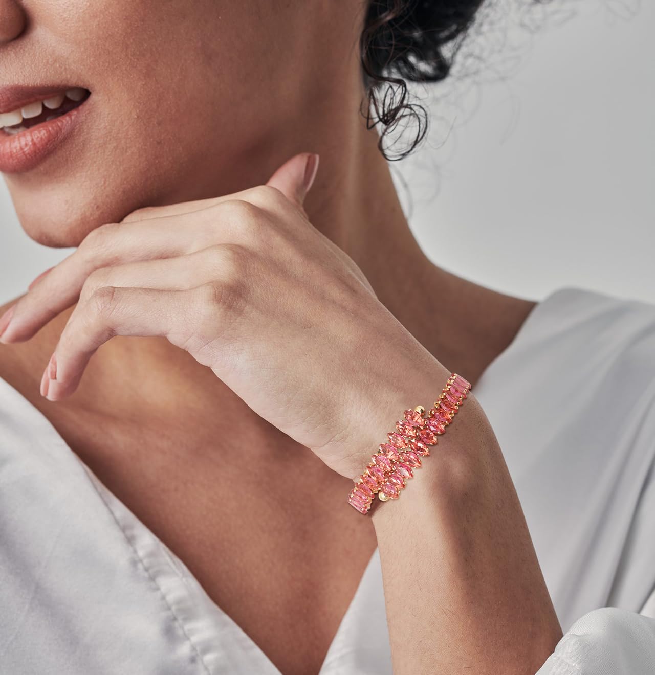 Wovanoo Rhinestone Cuff Bracelet Cubic Zirconia Tennis Bracelets Open Adjustable Elastic Bangle for Women Gold Rose Red