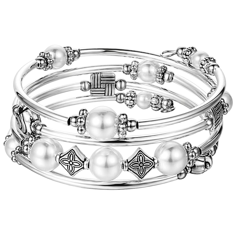 Beaded Pearl Bangle Wrap Bracelet - Fashion Bohemian Jewelry Multilayer Charm Bracelet with Thick Silver Metal Beads, Gift For Women(White)