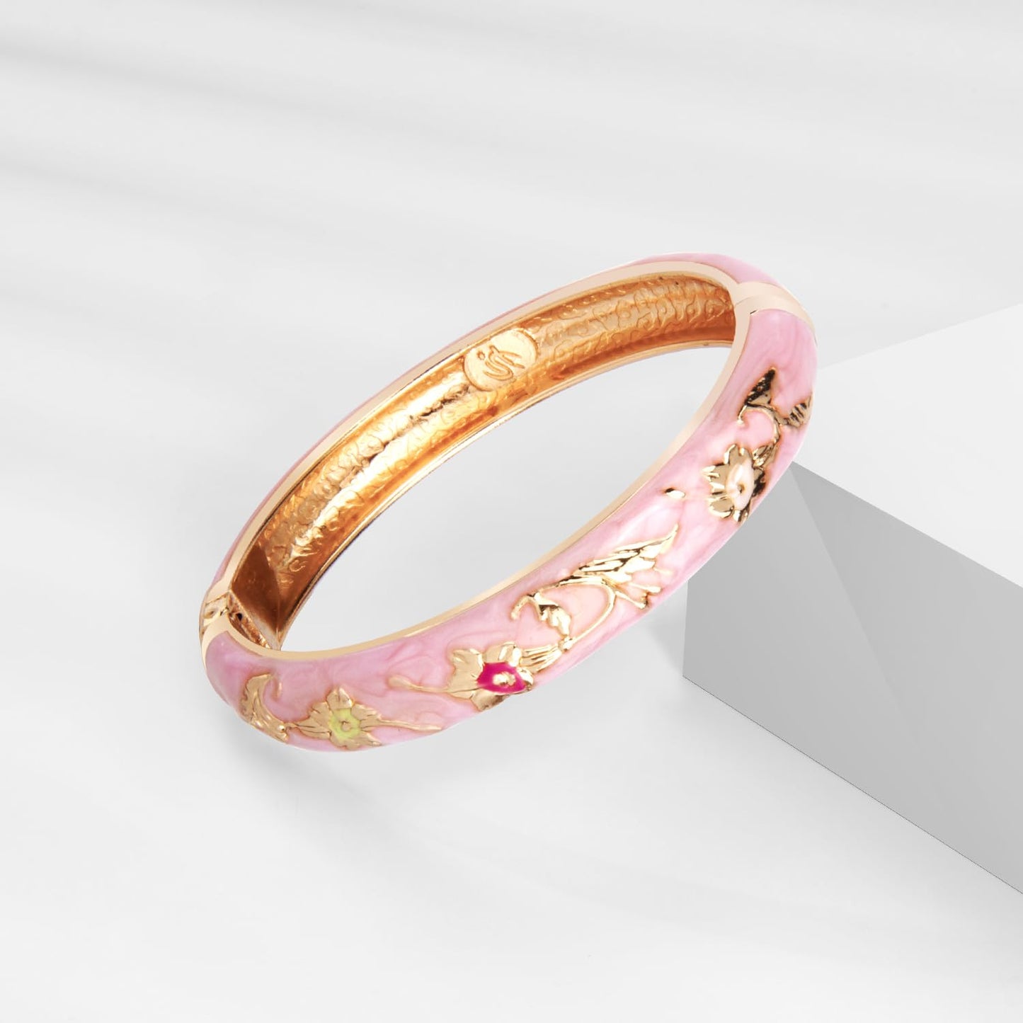 UJOY Bangles 5 Pcs Enamel Jewelry Set Rose Flower Engraved Cloisonne Bracelets Pack in a Box 5PCS Green Pink