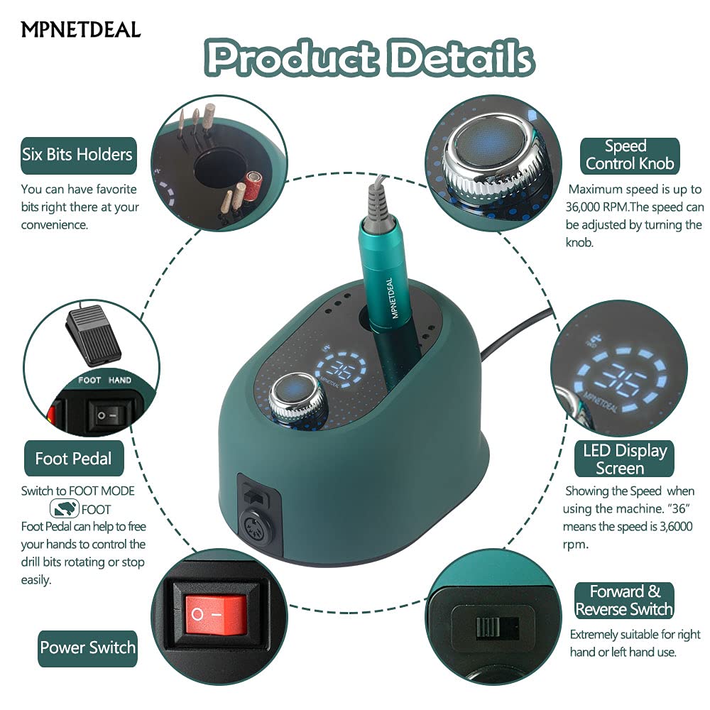 MPNETDEAL Electric Pro Nail Drill e-File with LED Digital Display Professional Menicure Tools for Acrylic Nails