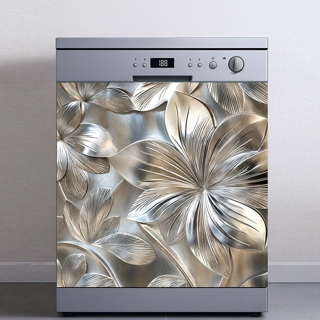Tomhong 2D Flat Dishwasher Magnet Cover 23x26 Inch Silver Floral Kitchen Appliance Cover Decorative Front Removable Fridge Sticker Elegant Flower Art Kitchen Decor
