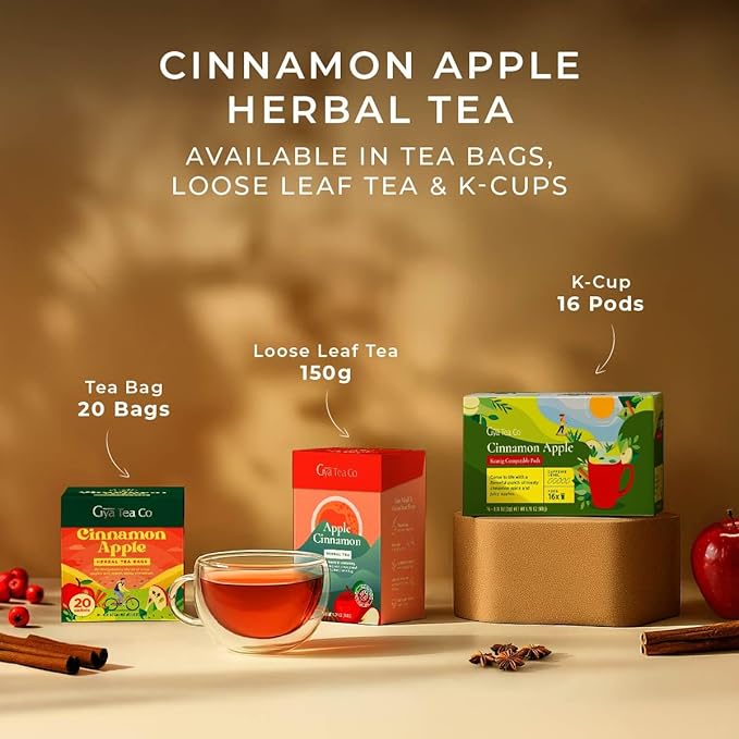 Gya Tea Co Cinnamon Apple Herbal Tea Bags (20 Bags) - Caffeine Free with a Tangy Flavor for All Day Comfort, Calming, Relaxing & Nourishing - Fruit & Herbal Blends