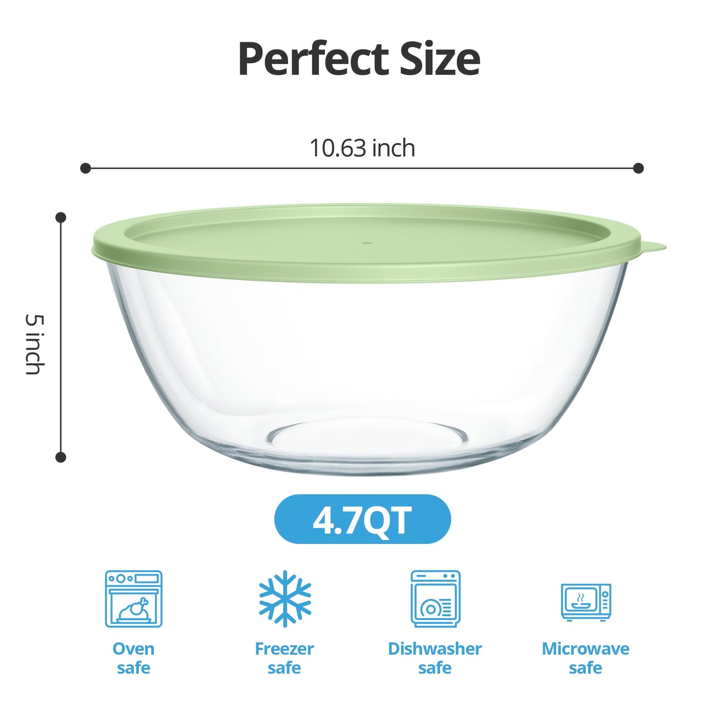 Quald Extra Large Glass Mixing Bowls Clear Glass Salad Cooking Bowls for Kitchen Salad Bread Storage (4.7Qt)