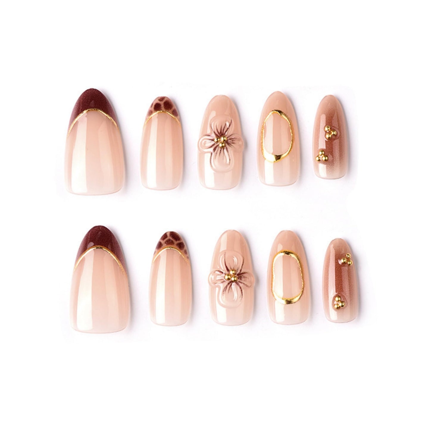 Short Press on Nails Almond Fake Nails Brown Artificial Nail Floral and Gold Charm Designs Stick on Nail for Women 30pcs