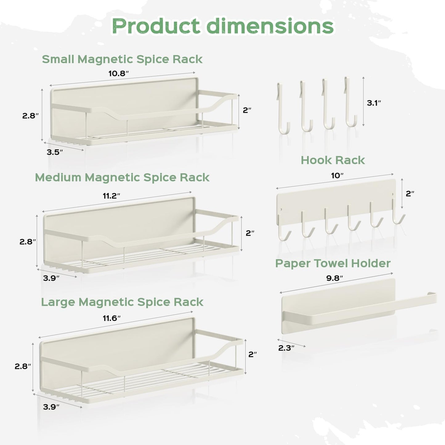 5 Pack Multifunctional Magnetic Shelves for Refrigerator Spice Rack & Washing Machine Organize, Include Paper Towel Holder, Kitchen Utensil Hanger and Hooks, Strong Magnet for Secure Hold (Cream)