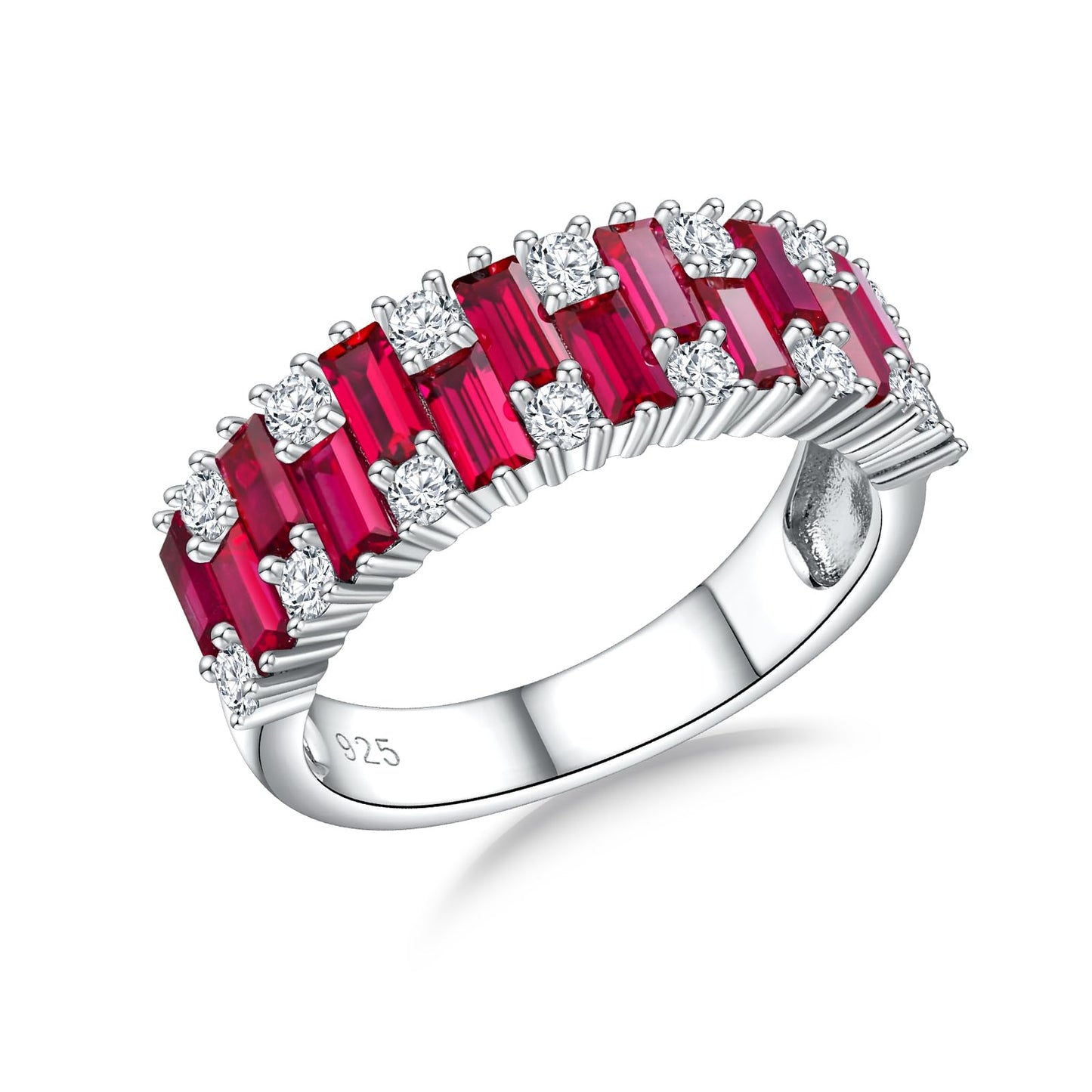 RANDES Ruby Wedding Bands for Her 925 Sterling Silver Emerald Cut Created Red Stone Eternity Band Rings for Women Size 8