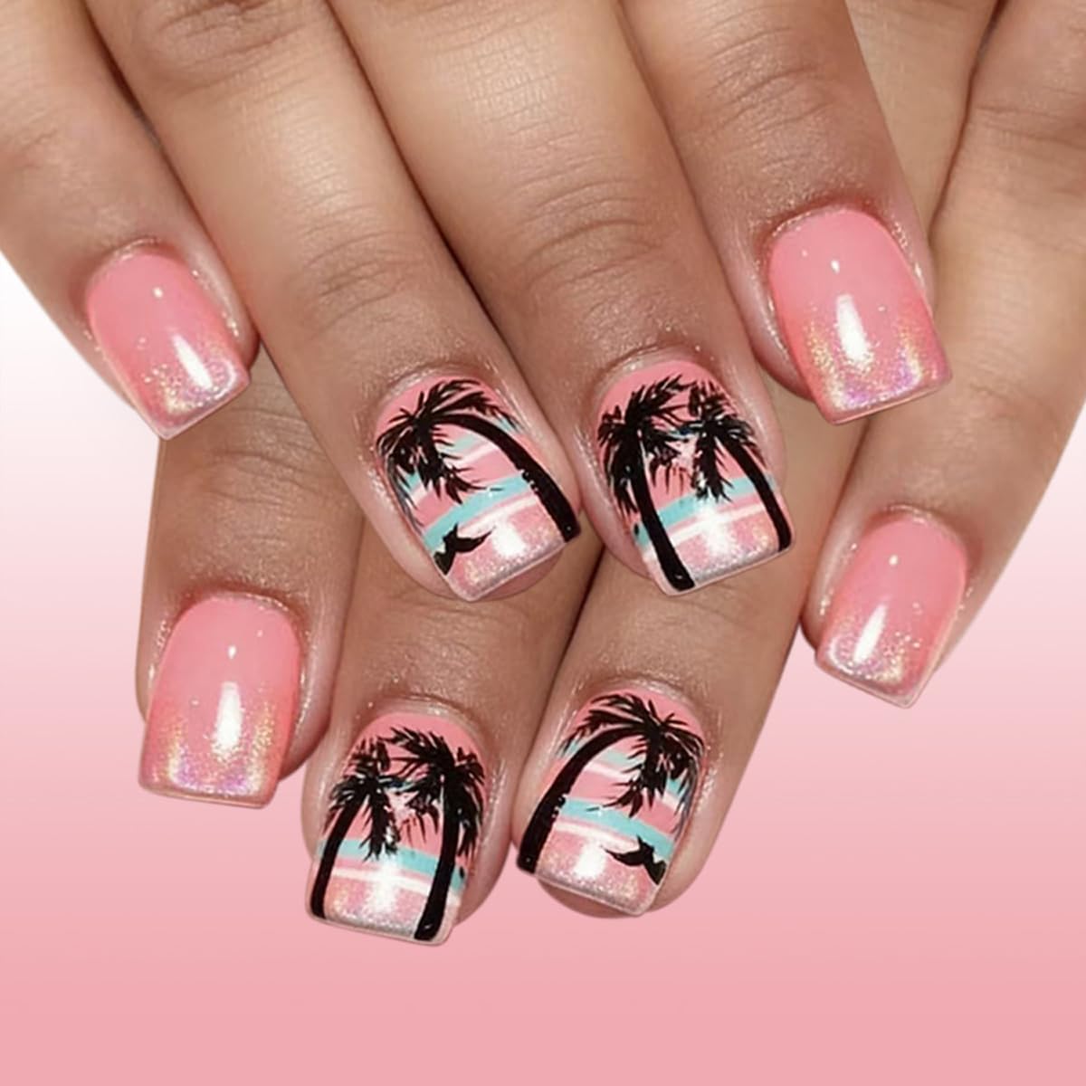 Summer Pink Press on Nails Short Square - Glitter French Tip with Palm Tree & Seagull, Full Cover Glossy Fake Nails 24PCS for Women DIY Manicure