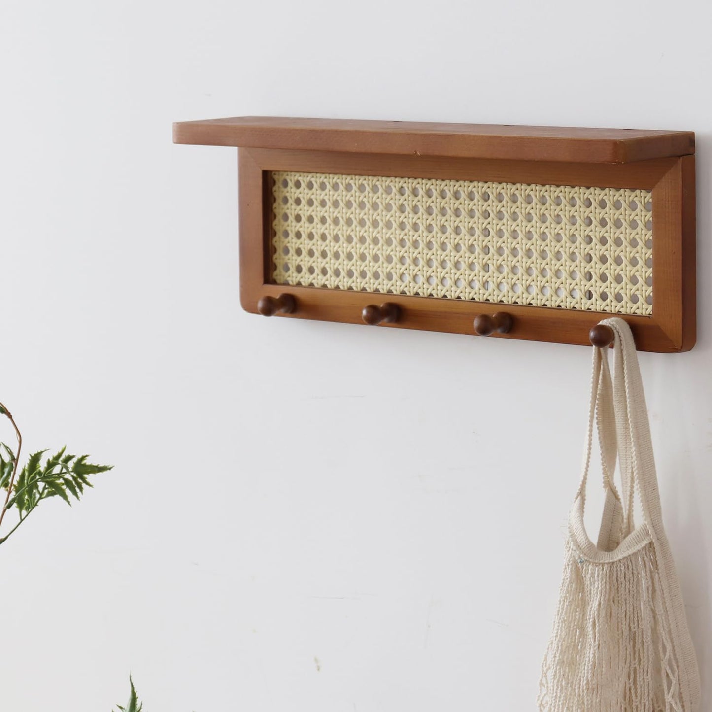 FRIADE PE Rattan Key Holder with 4 Key Hooks ,Wall Mounted Decorative Floating Shelf for Entryway,Nursery,Mudroom, Hallway, Office (Retro Brown)