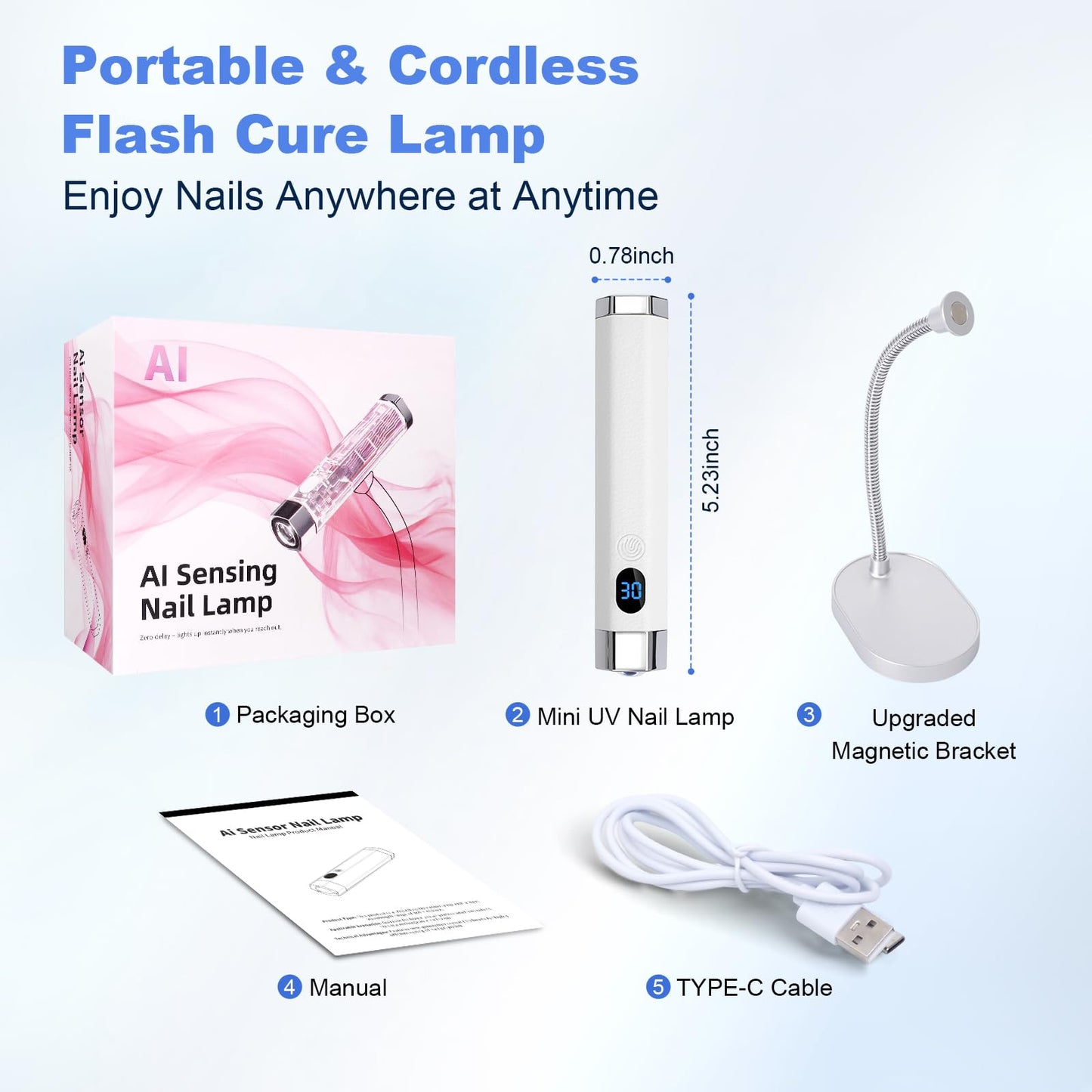 Lynsalene Handheld Mini UV Nail Lamp, Portable Flash Cure Light with Upgraded Magnetic Stand & Smart Sensor - Rechargeable Nail Dryer Fast Curing Gel Nails at Salon,Home & Travel (White)