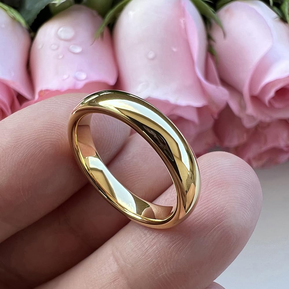 TUTISS 4mm Gold Tungsten Rings for Women Men Engagement Wedding Bands Domed Polished Comfort Fit Size 10