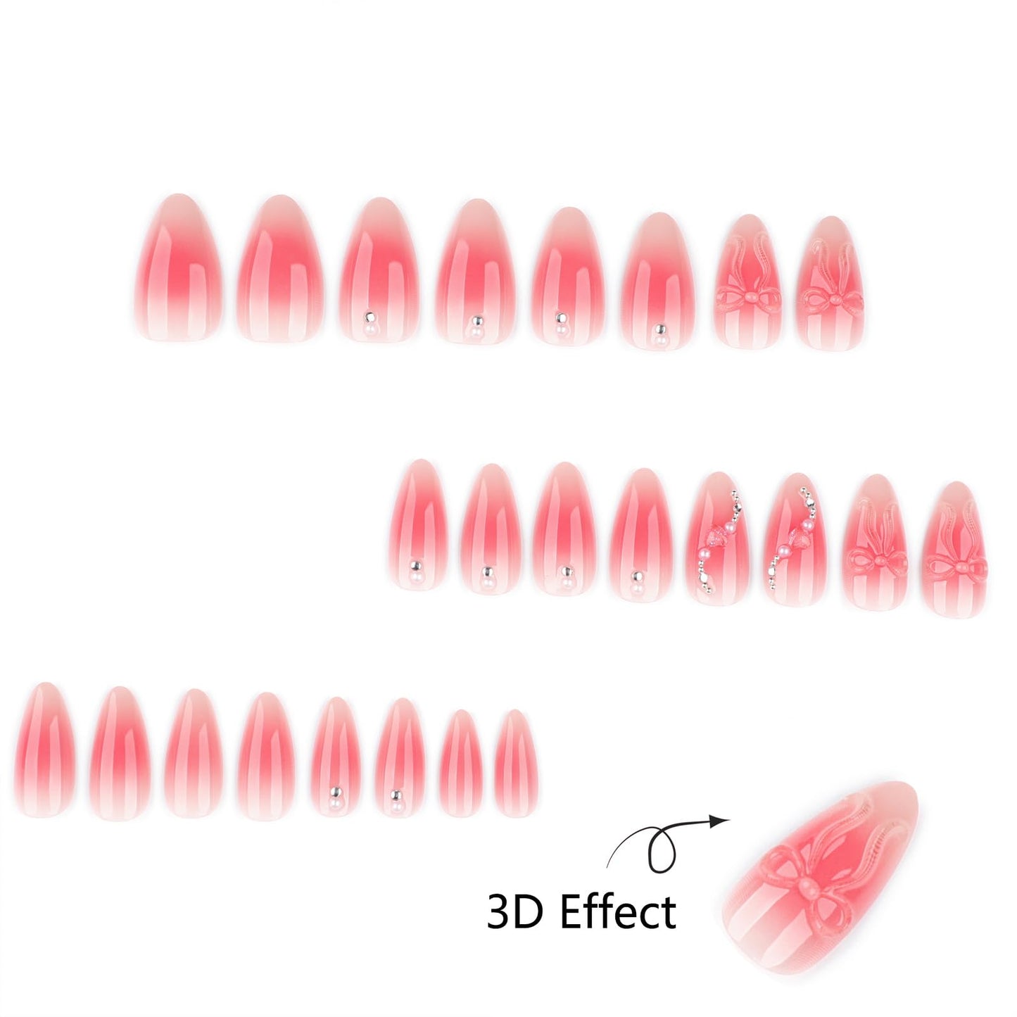 Mivota Pink Ombre Soft Gel Press On Nails 24PCS – 3D Bow Almond Fake Nails with Rhinestones, Glossy Reusable Glue On Nails for Women, Salon Quality Cute Natural Gradient Nail Tips