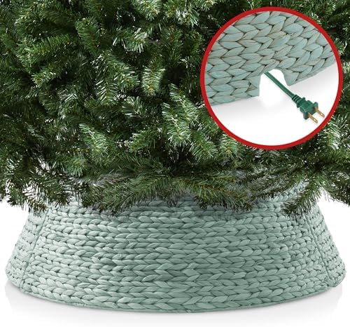 Casafield 42-Inch Christmas Tree Collar, Woven Water Hyacinth Tree Base Cover with Cord Cut Out, Seafoam