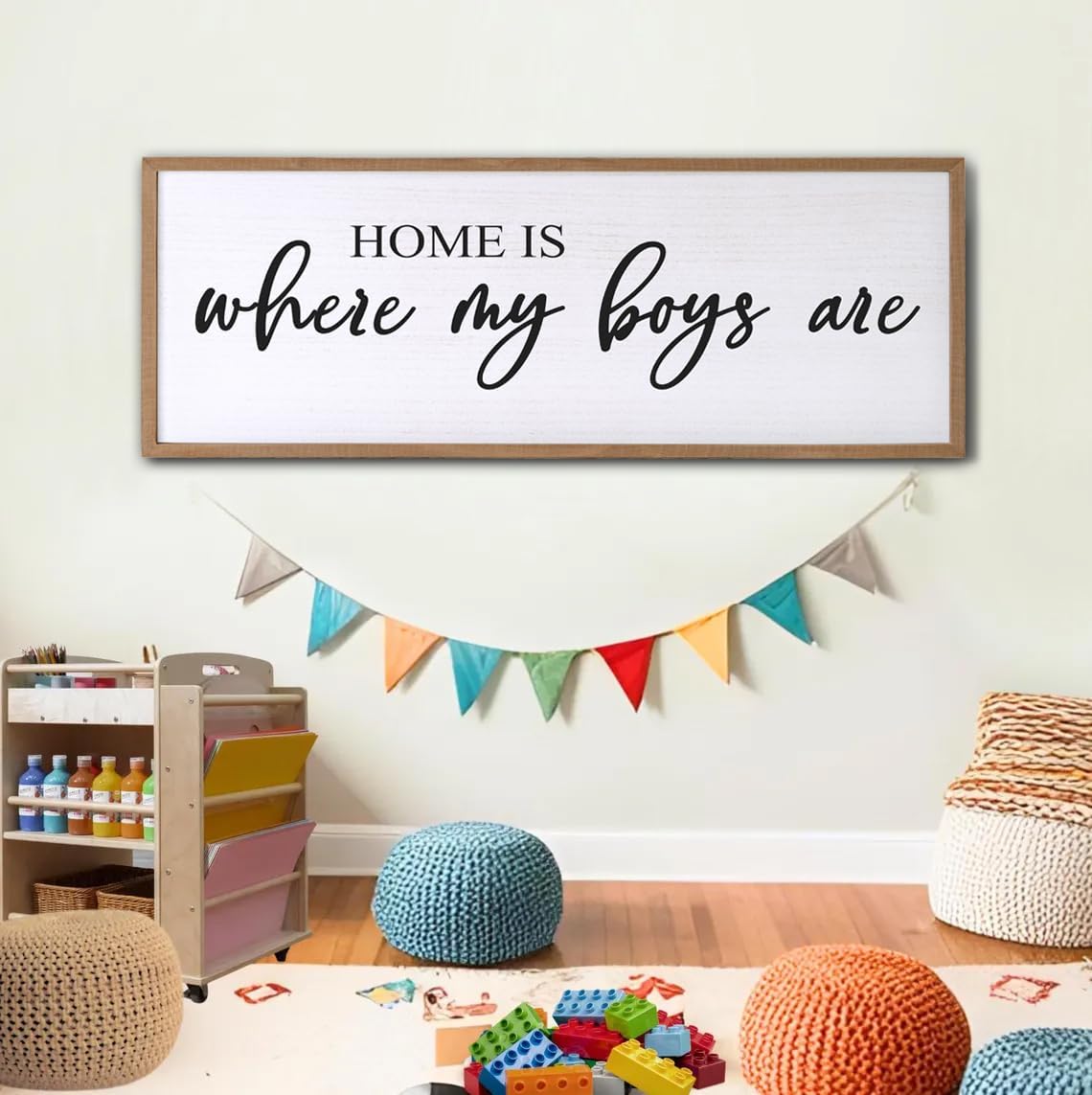 Home is Where My Boys are Sign Framed Wall Art, 40''×15'' Rustic Horizontal My Son Plaque with Natural Frame for Baby Kid Boy Son Teen Toddlers Room, Horizontal Mom of Boys Gifts Nursery Decor