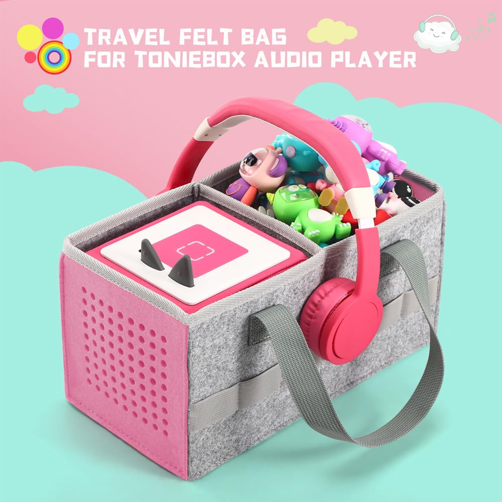 Carrying Case for Toniebox Starter Set and Tonies Figurines, Travel Felt Cloth Musical Toy Folding Bag for Toniebox 2 & Accessories (Pink)