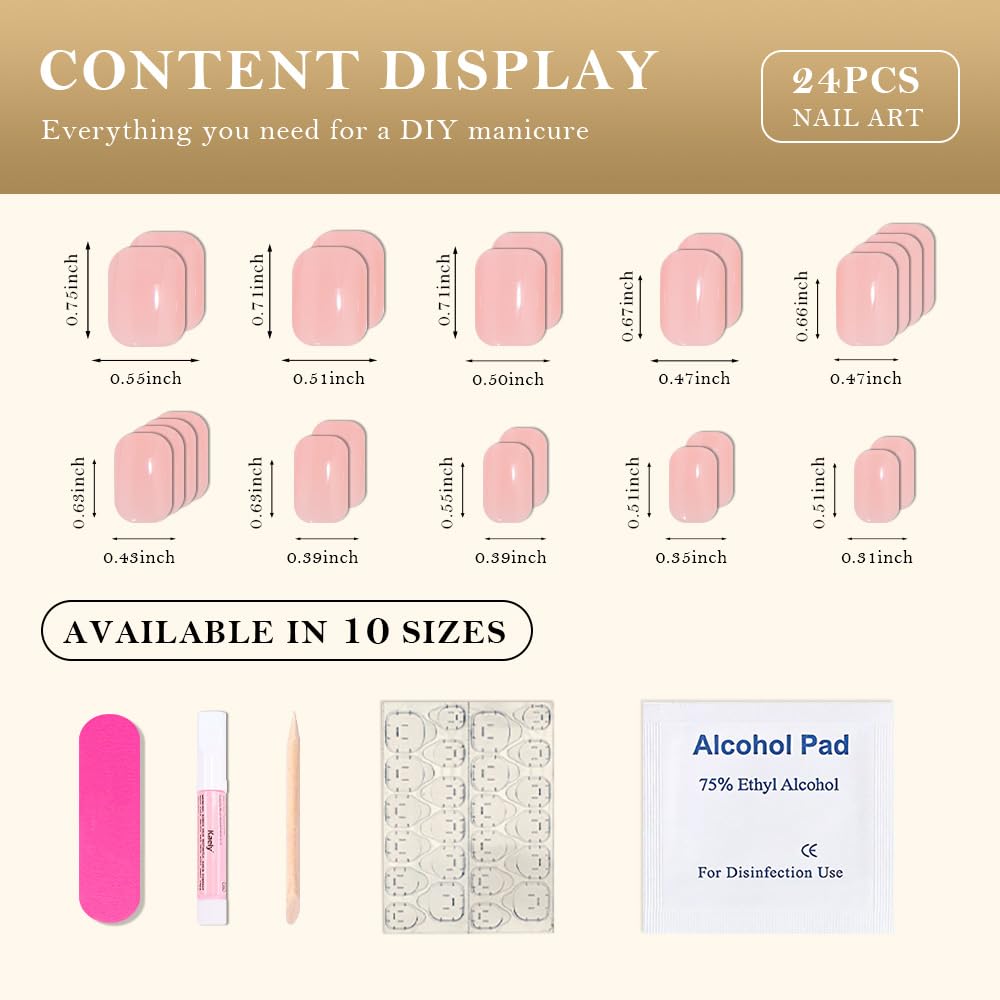 evpct Warm Pink Short Press on Nails Square, Glossy Soft Gel Acrylic Fake Press on Nails Manicure Kit, Reusable Artificial Stick on Nail for Women, Full Cover Easy Application Easy At-Home Salon