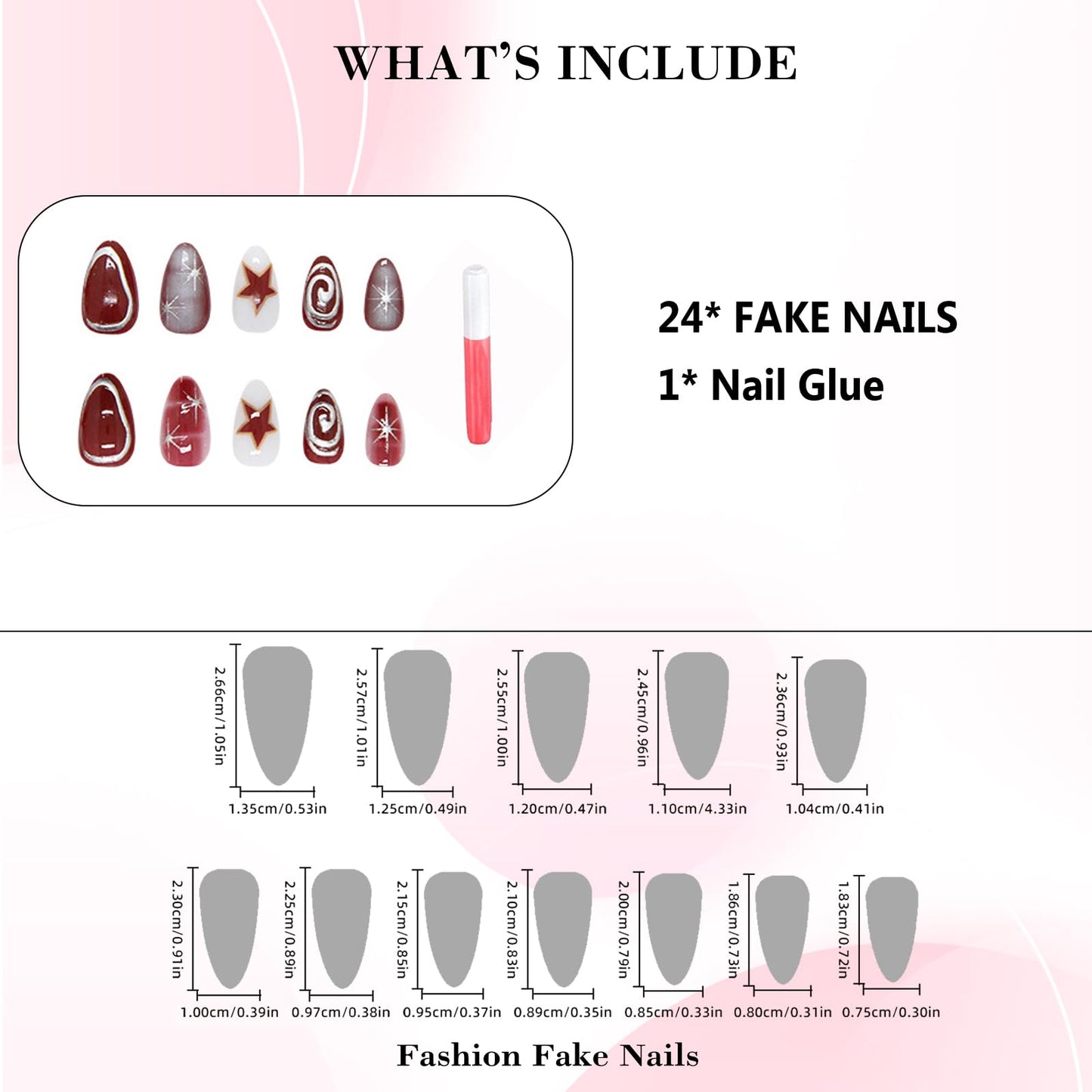 IMRAIN Press on Nails Medium Length Almond Fake Nails Red Silver False Nails with Star Designs Full Cover Glossy Acrylic Gothic Nail Supplies Stick on Nails Art Decoration for Women