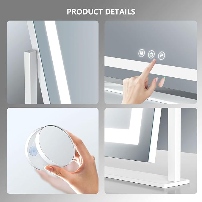 Makeup Vanity Mirror with Lights 15.2" Large LED Lighted Mirror, Hollywood Make Up Mirror with Lighting for Bedroom Tabletop, Smart Touch, 360° Rotation, (White)