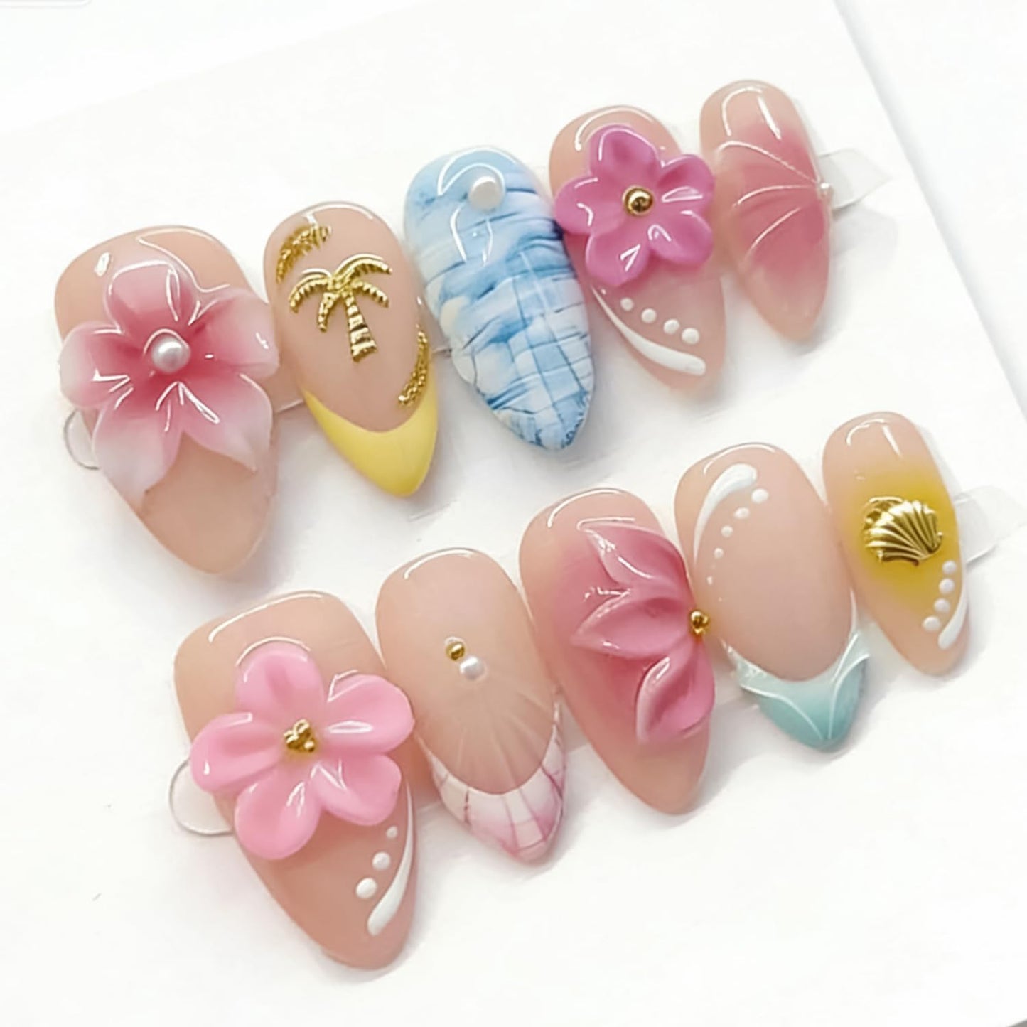 10 Pcs Handmade Press on Nails Medium Almond Thick Acrylic Nails with Glue,Tropical Art Fake Nails with Colorful Flowers Designs Nature Stick on Nail False Nails for Women(S)