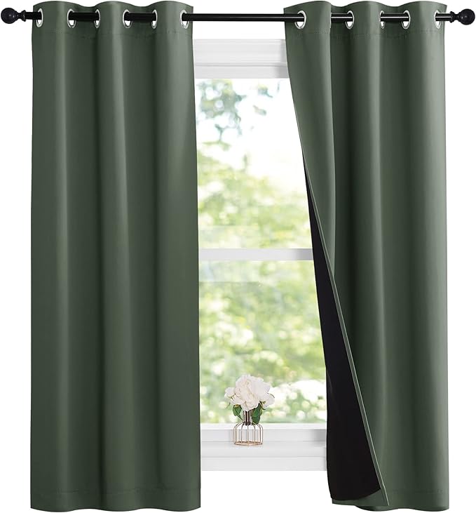 NICETOWN Dark Mallard 100% Blackout Lined Curtains, 2 Thick Layers Narrow Wide Window Treatment Panels Thermal Insulated Drapes for Kitchen Small Window (1 Pair, 37" Width x 63" Length Each Panel)