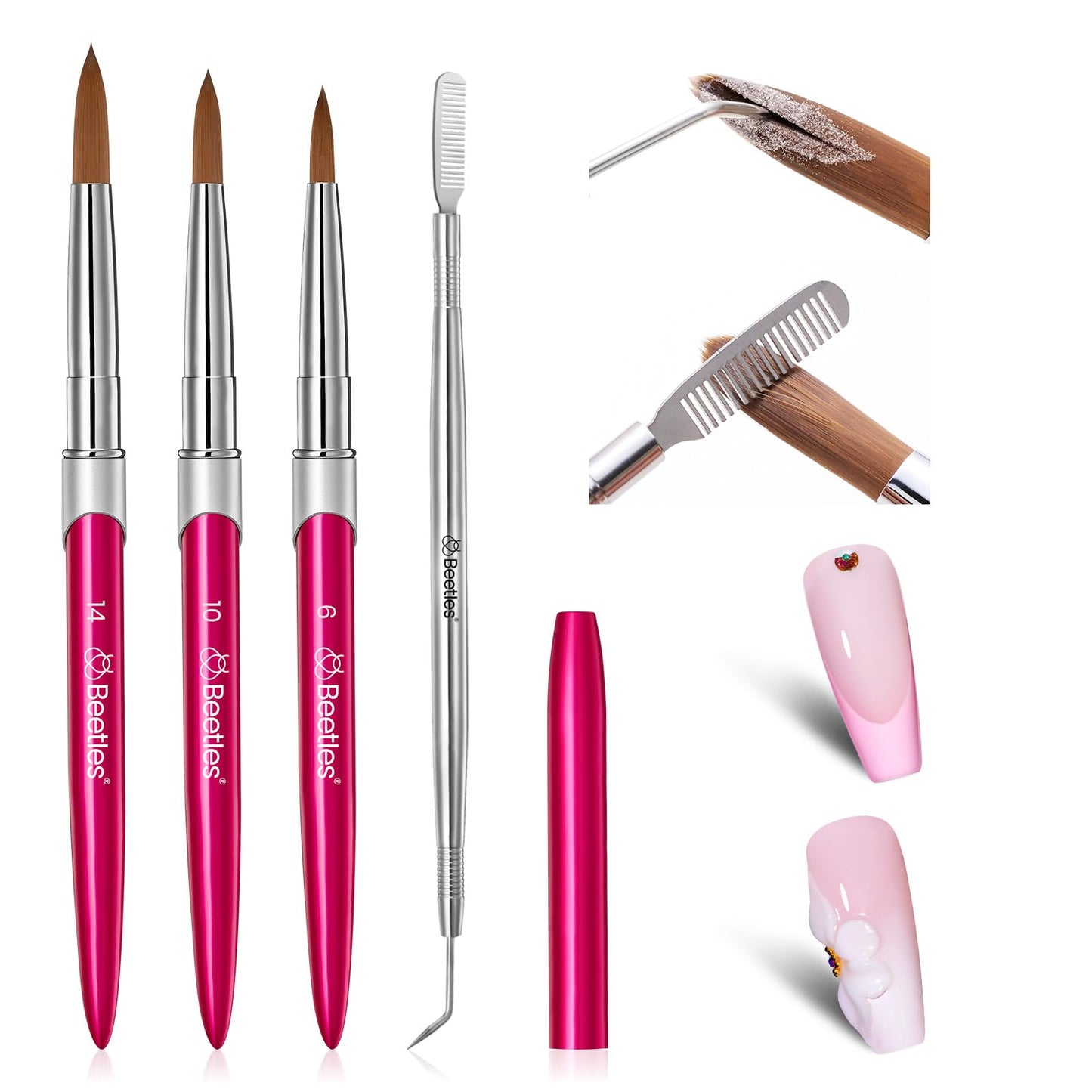 Beetles Acrylic Nail Brush - 3pcs Size 6/10/14 Kolinsky Acrylic Nail Brushes with Cleaner Tool for Acrylics Powder, Nails Extension, 3D Carving Nails Art Tools Home DIY Salon Manicure Design Tool
