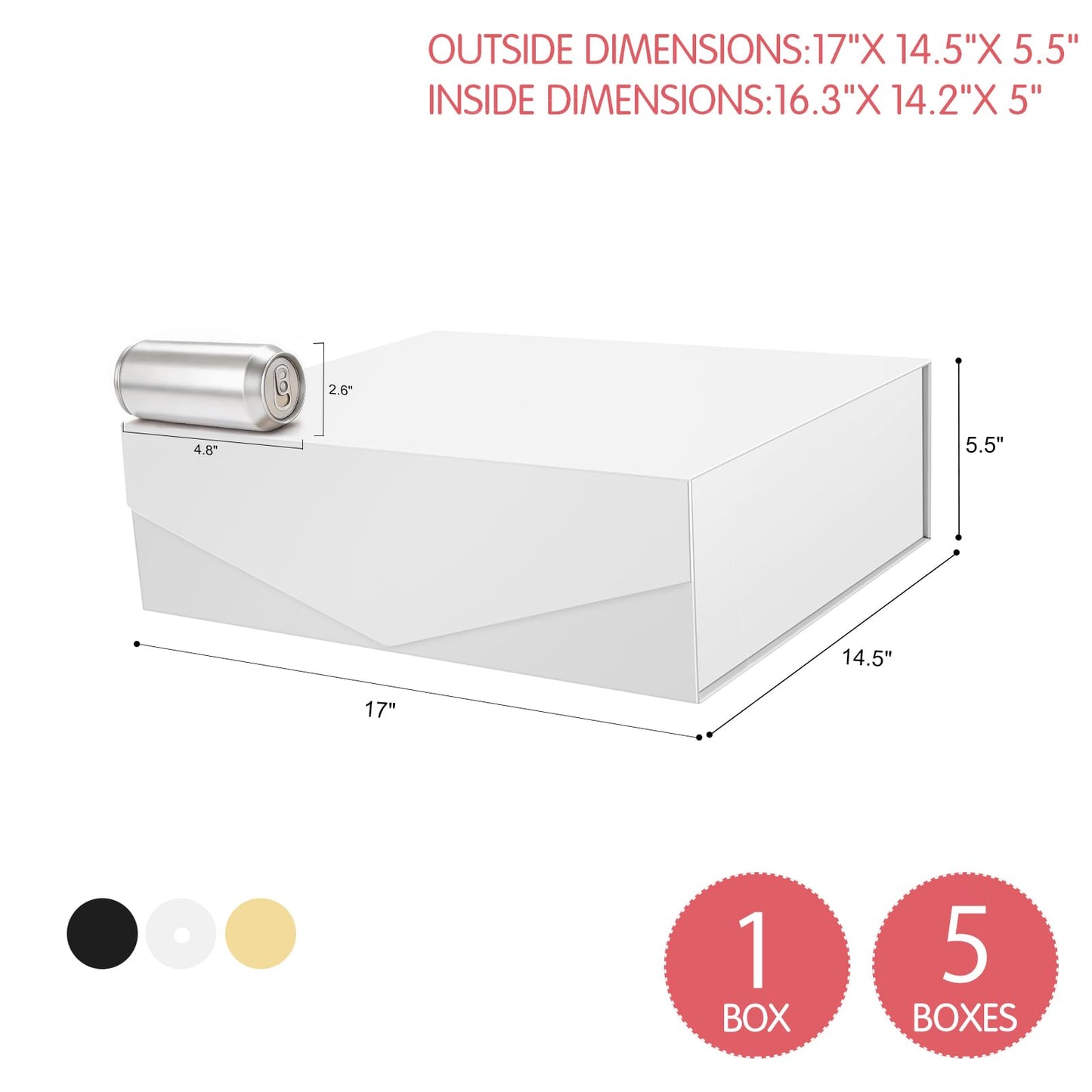 JINGUAN Extra Large Gift Boxes with Lids - 16.3x14.2x5 Inches, White, Magnetic, Bridesmaid Boxes for Clothes and Large Gifts (Matte White)
