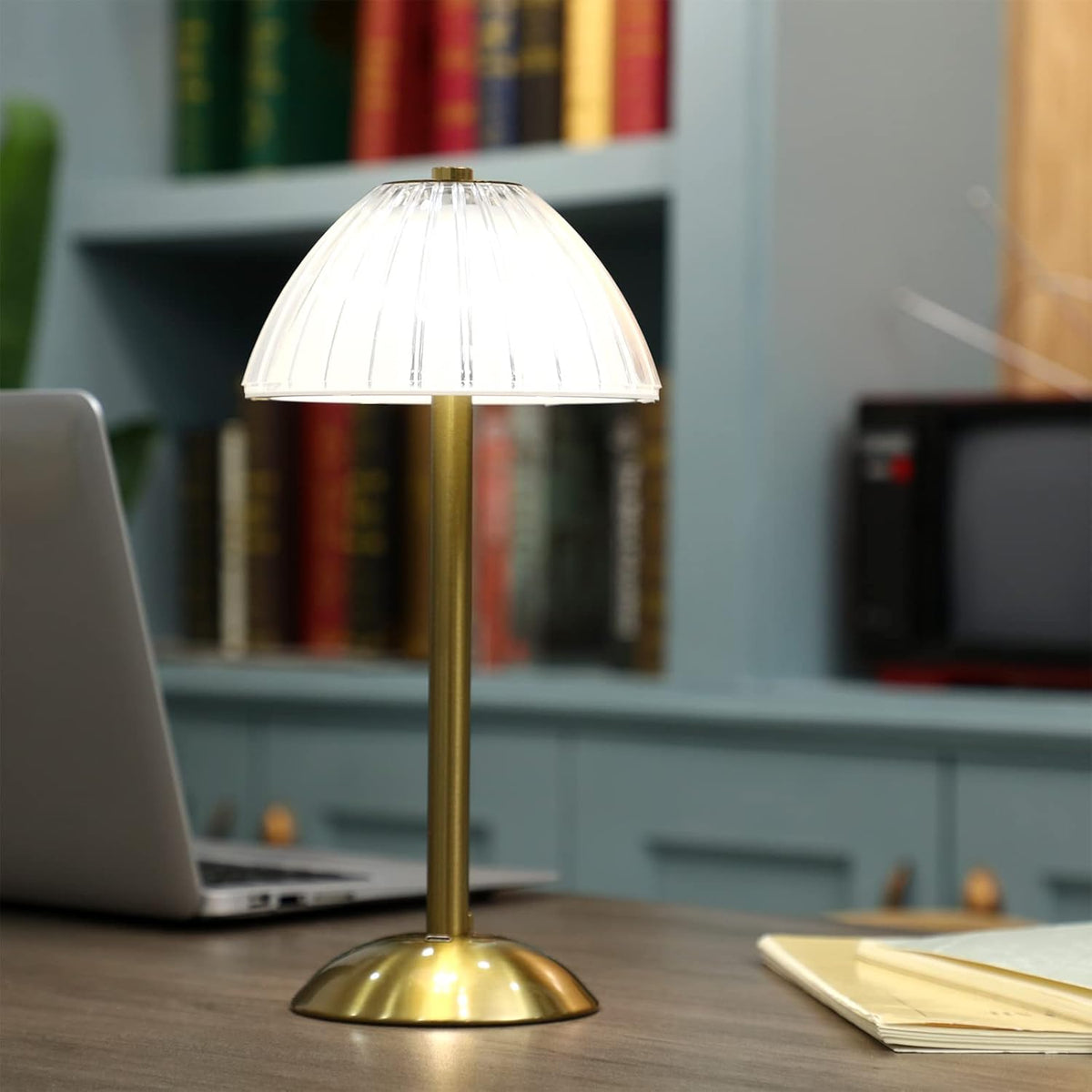 Liliful 1 Pcs LED Portable Cordless Table Lamp Touch Battery Operated Rechargeable Desk Lamp 3 Color Dimmable for Bedroom Living Room Dining (Mushroom Style,Gold)
