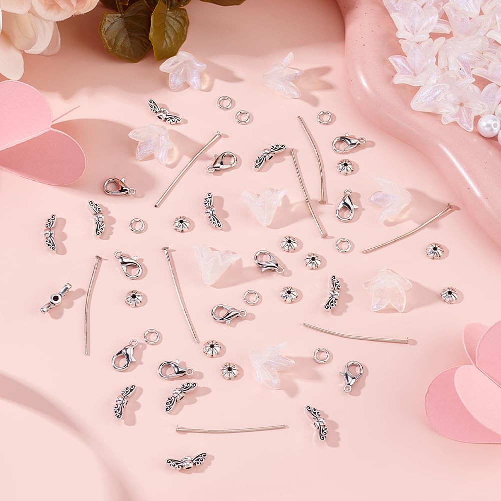 arricraft 420 Pcs DIY Guardian Angel Pendant Kit, Including Tibetan Style Alloy Wing Imitated Pearl Acrylic Beads Alloy Lobster Claw Clasps for Beginner Making Fairy Themed Decor