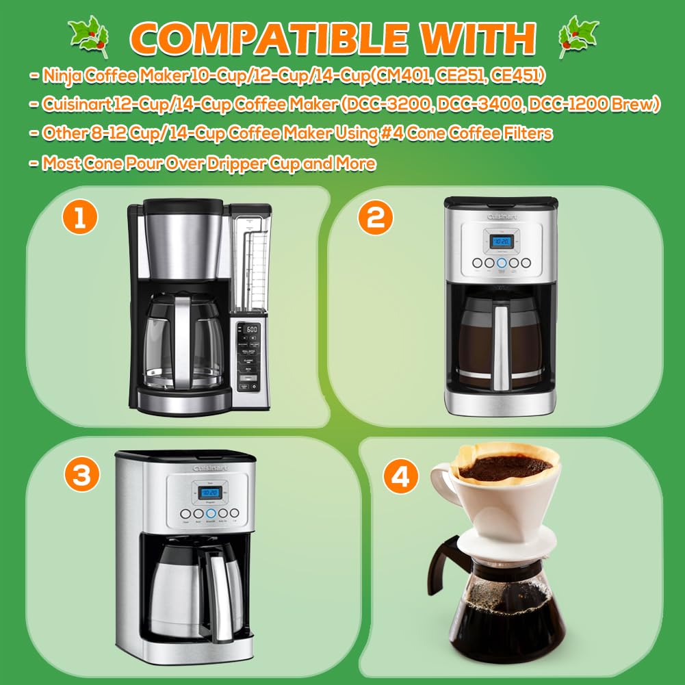 BYKITCHEN 400PCS #4 Cone Coffee Filters Fits 8-12 Cup & 14 Cup Coffee Makers, Size 4 Unbleached Disposable Coffee Filter Paper, Compatible with Ninja, Cuisinart 12-Cup/ 14-Cup & Drip Coffee Machine