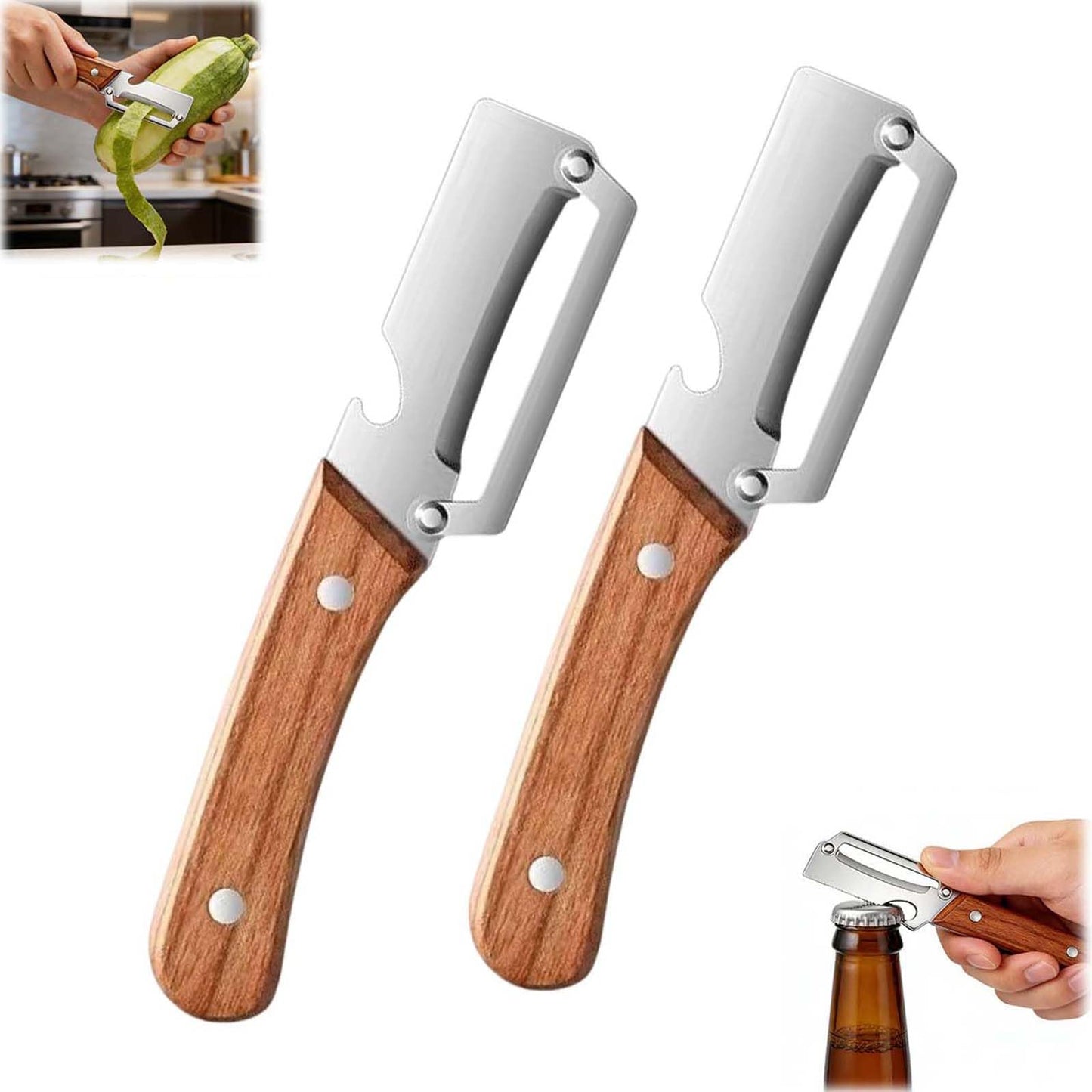 2PCS Premium Vegetable Peeler with Wooden Handle and Bottle Opener, Multi-Functional Vegetable Peeler, Stainless Steel Blade Kitchen Tool for Fruit
