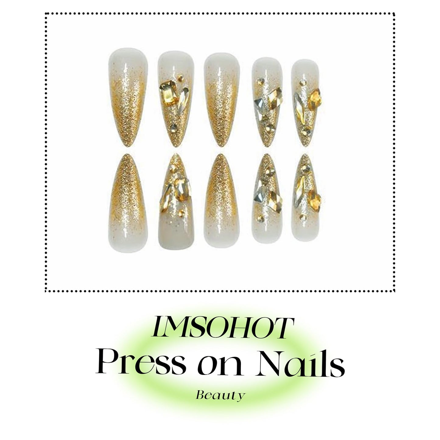 IMSOHOT Golden Press on Nails Long Stiletto Fake Nails Rhinestone & Glitter Full Cover Glue on Nails Glossy Acrylic Luxury Bling False Nails Handmade Artificial Stick on Fingernails