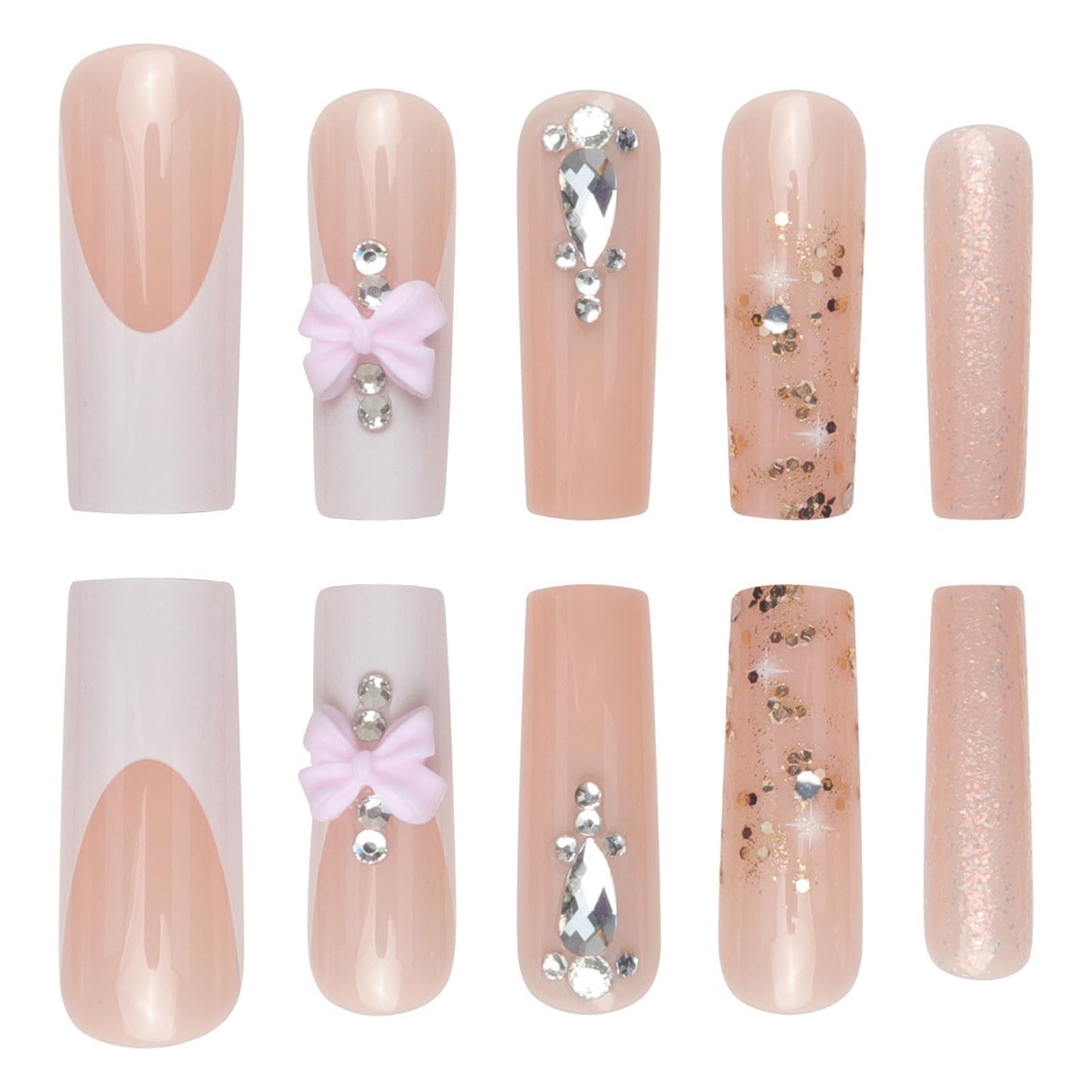 Press on Nails Extra Long - Aegenacess Square Press On Nails with 3D Bow and Rhinestones, Nude White Fake Nails with Glue Sticker, Handmade 24 pcs Stick On Nails False Nail in 12 Sizes